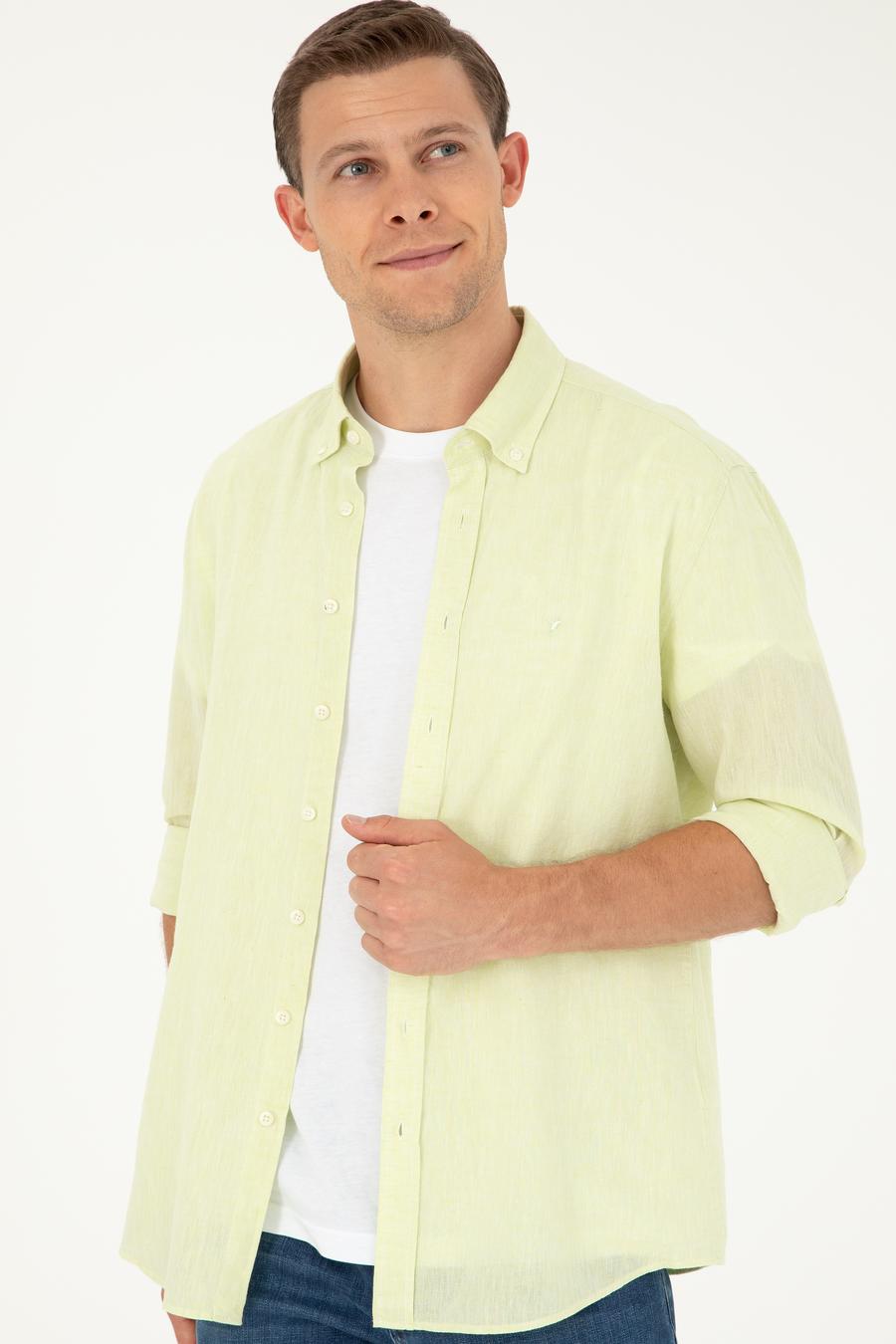 Yeşil Slim Fit Keten Karışımlı Gömlek - 50266184365