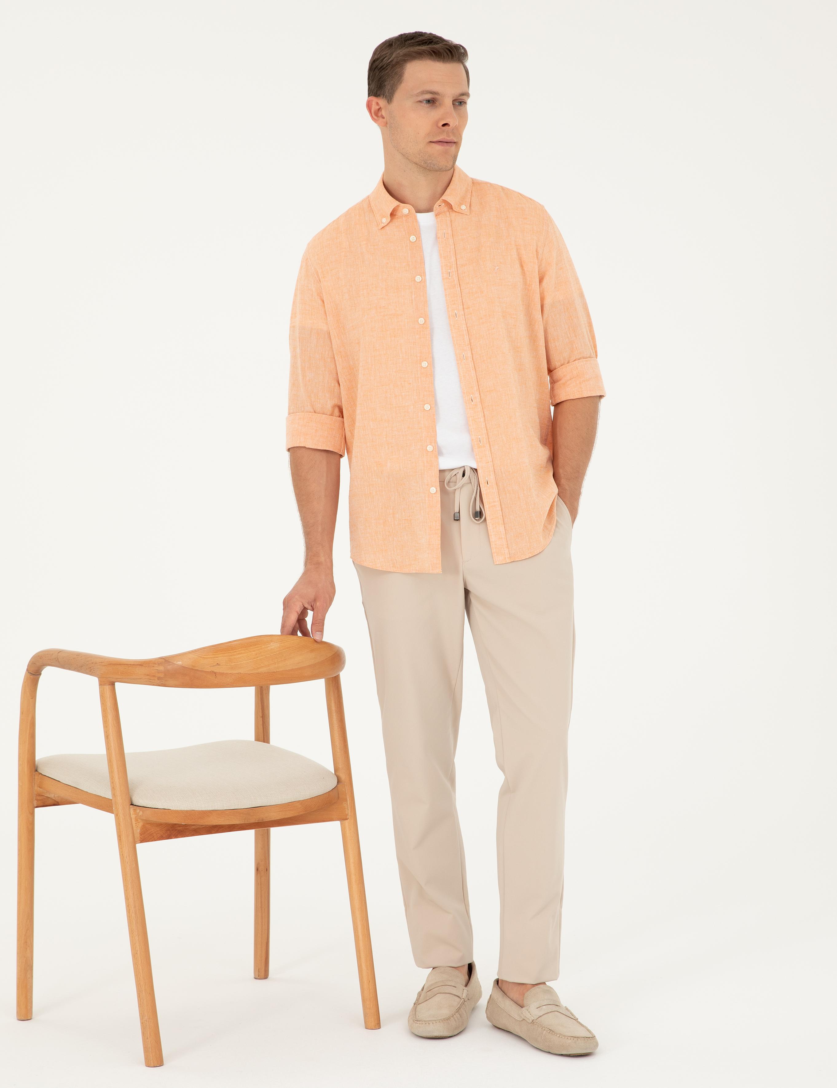 Turuncu Slim Fit Keten Karışımlı Gömlek - 50266184457