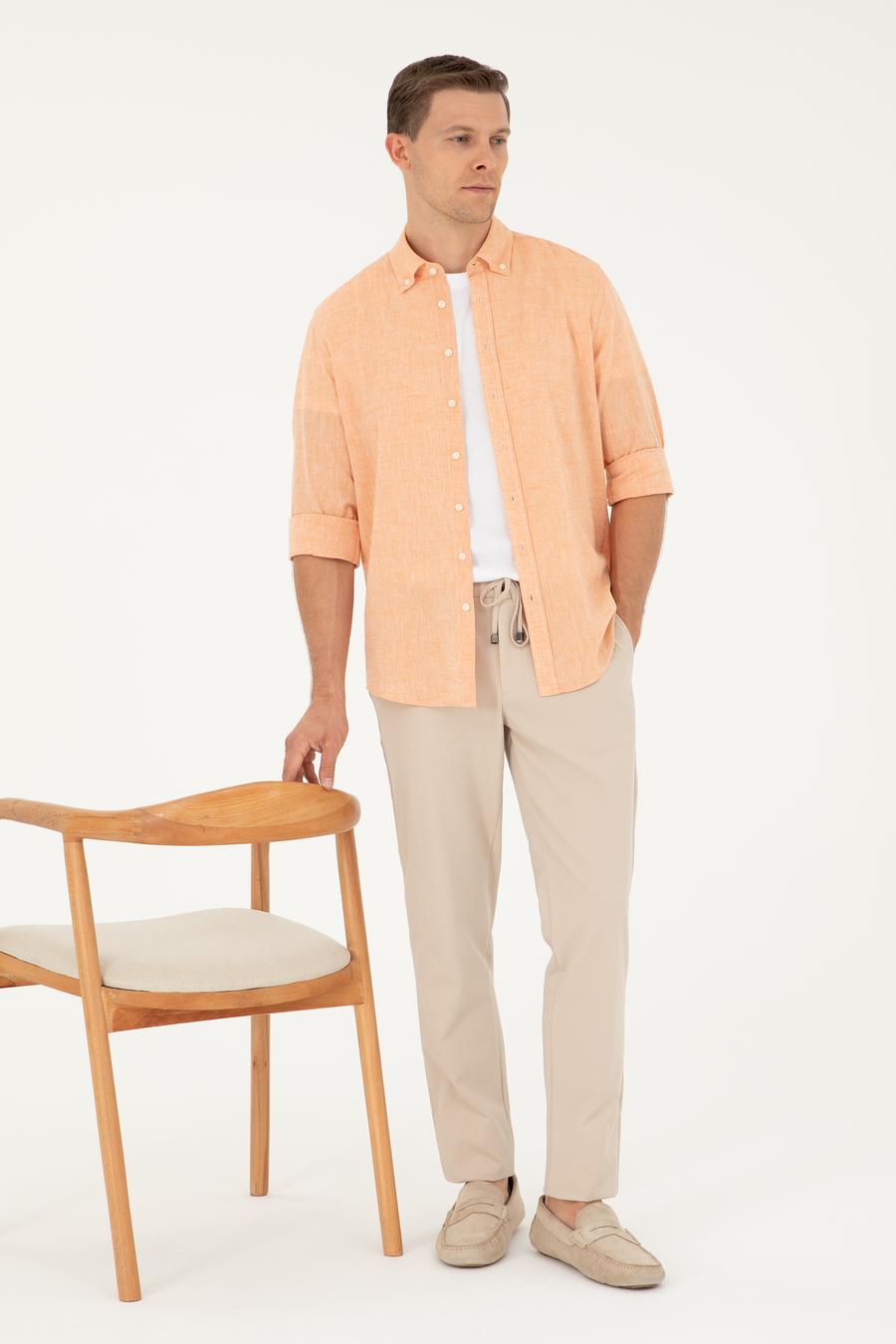 Turuncu Slim Fit Keten Karışımlı Gömlek - 50266184457
