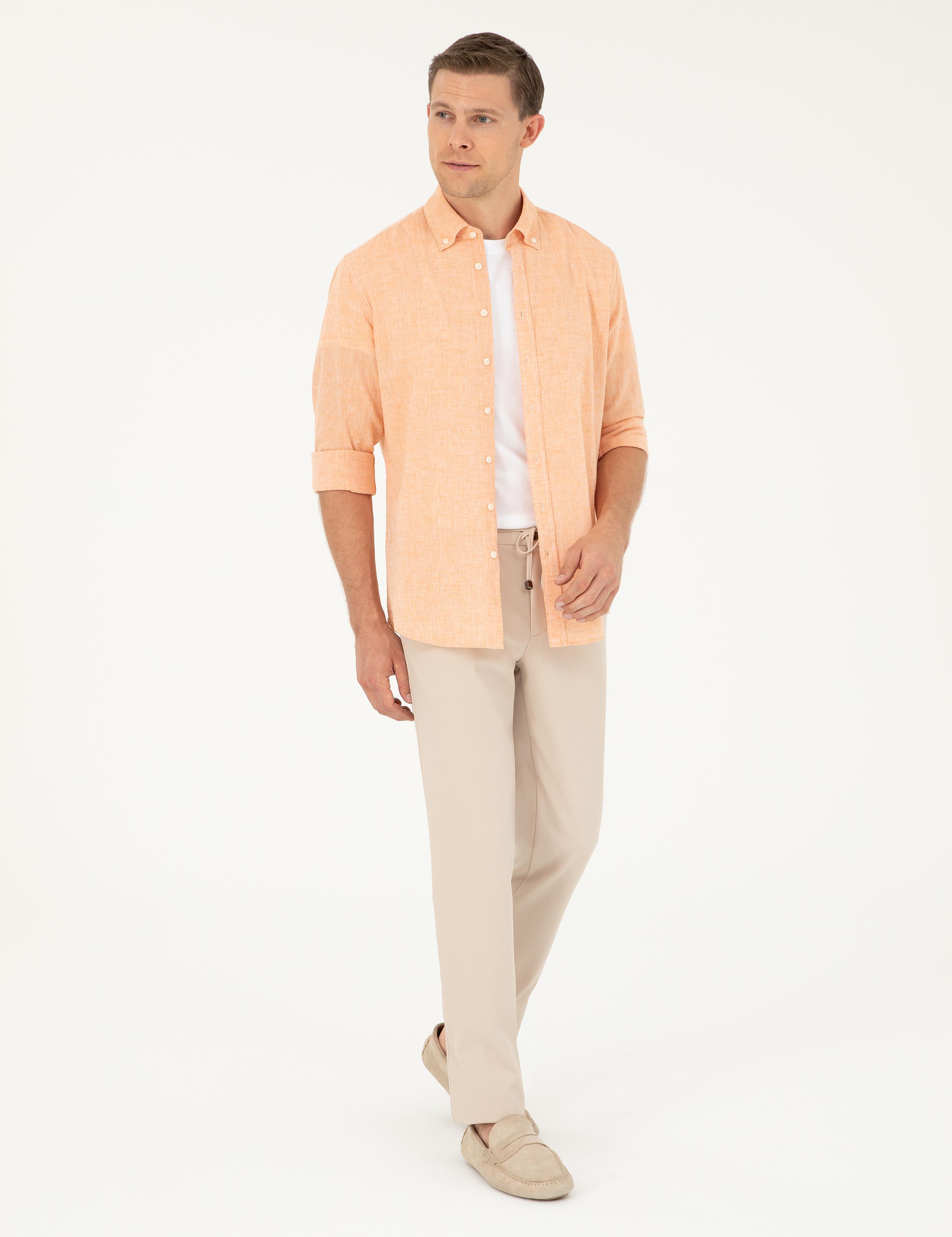 Turuncu Slim Fit Keten Karışımlı Gömlek - 50266184457
