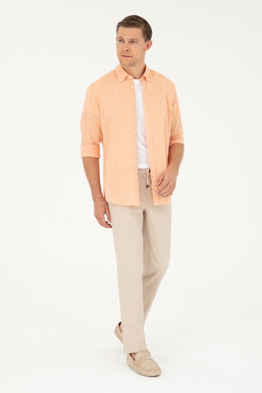 Turuncu Slim Fit Keten Karışımlı Gömlek - 50266184457