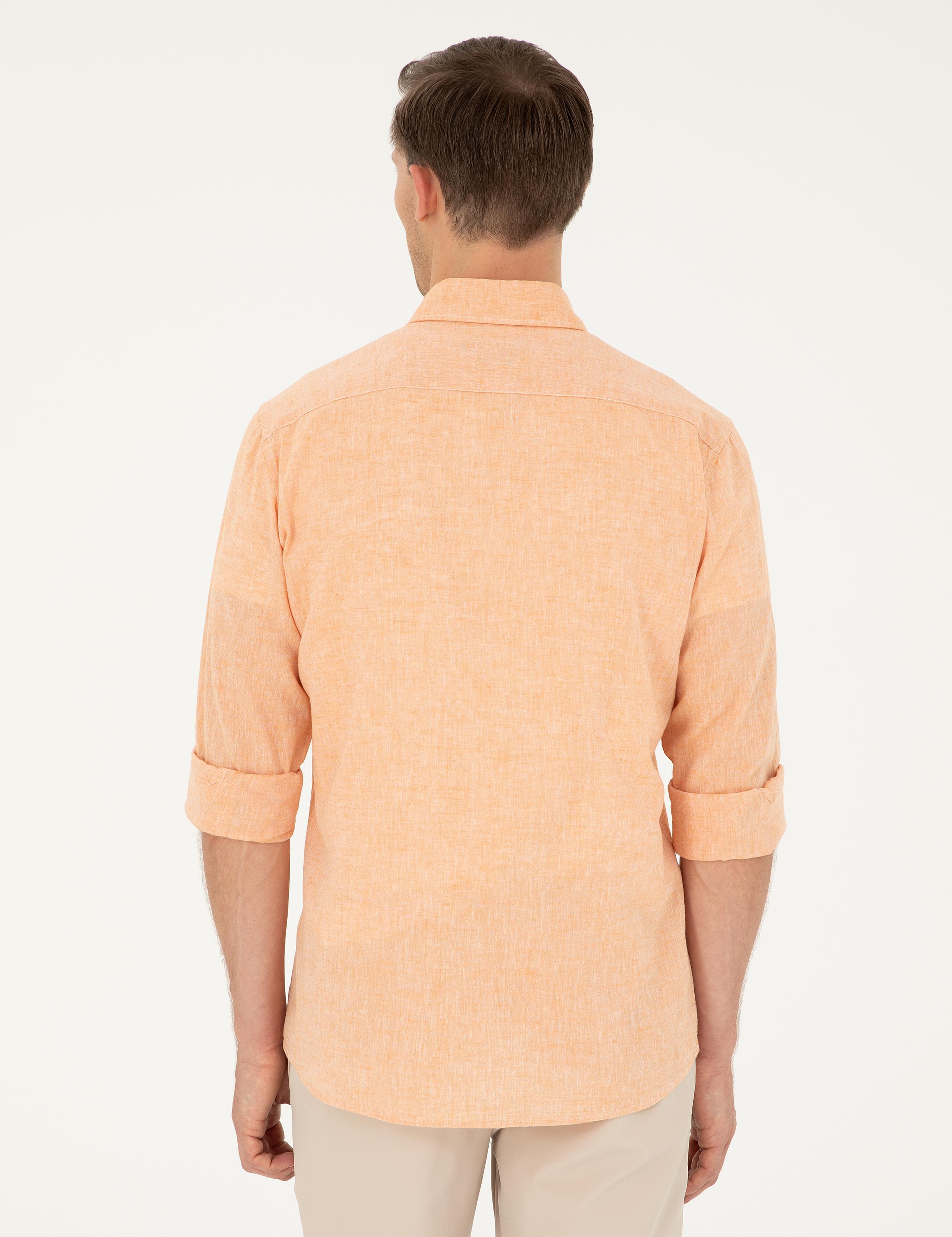Turuncu Slim Fit Keten Karışımlı Gömlek - 50266184457