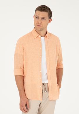 Turuncu Slim Fit Keten Karışımlı Gömlek