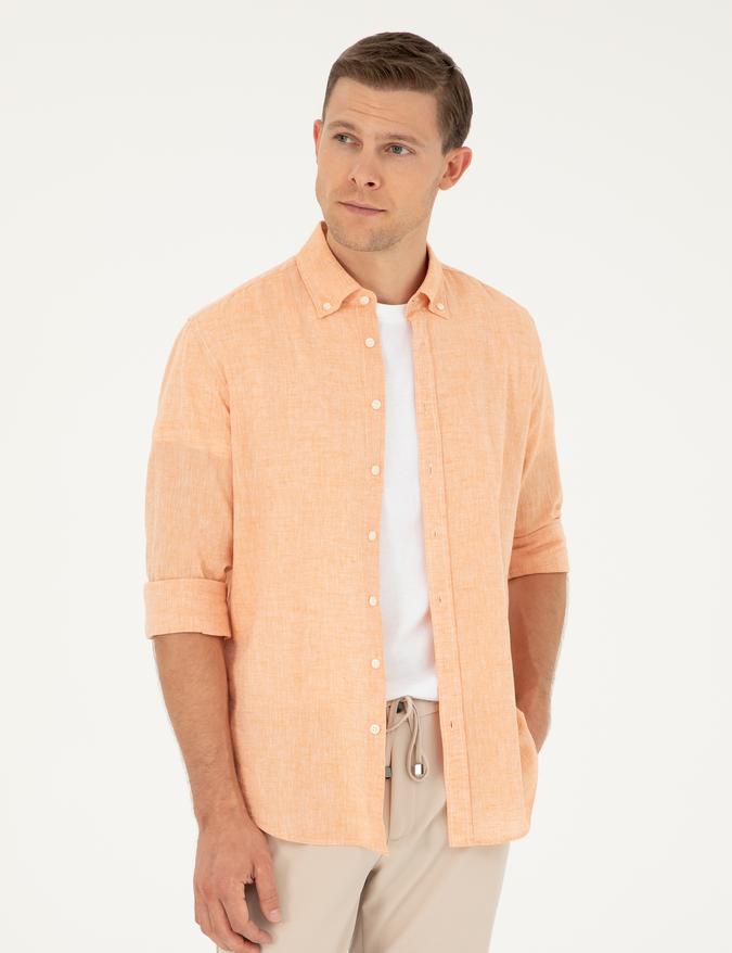 Turuncu Slim Fit Keten Karışımlı Gömlek