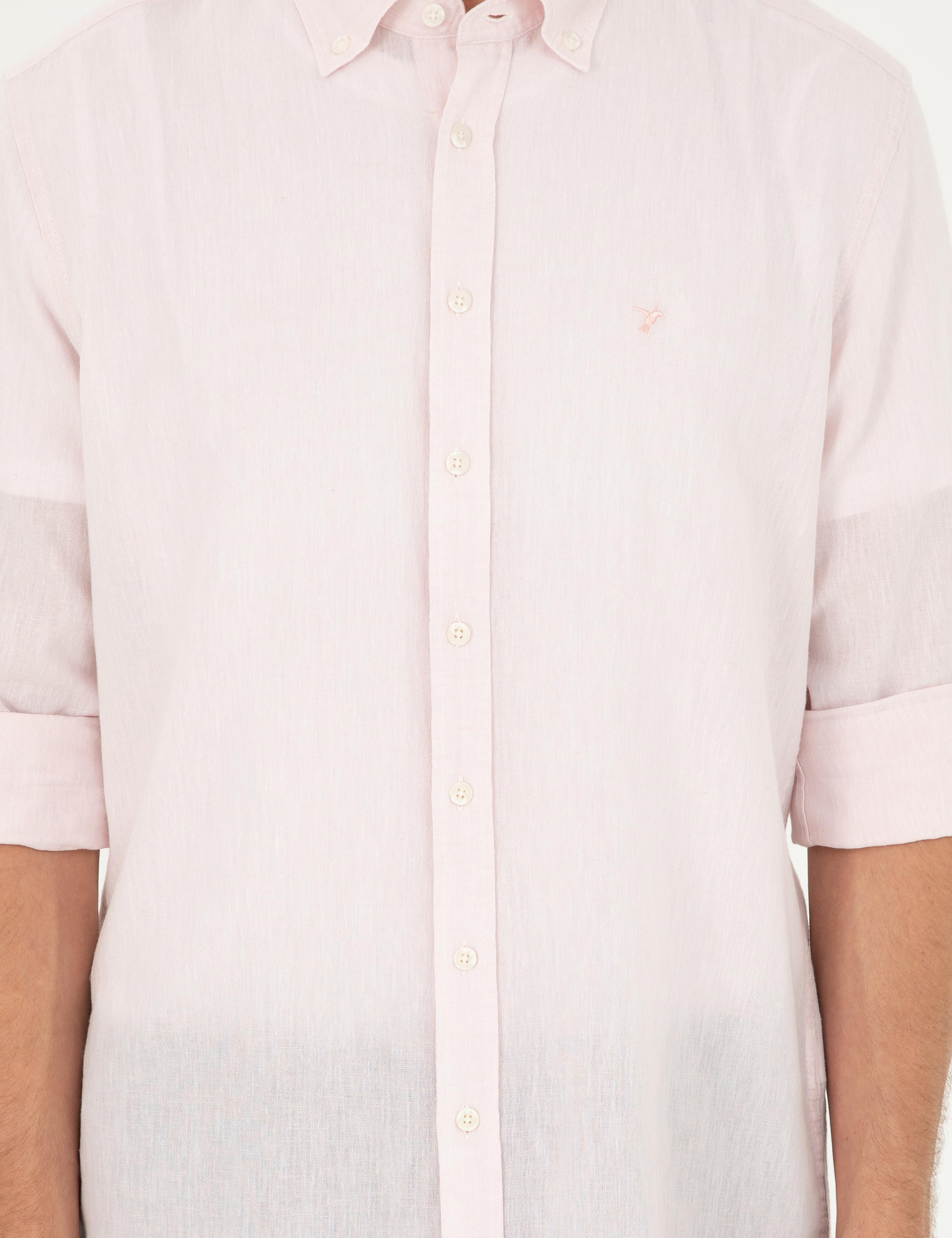 Pembe Slim Fit Keten Karışımlı Gömlek - 50266184477