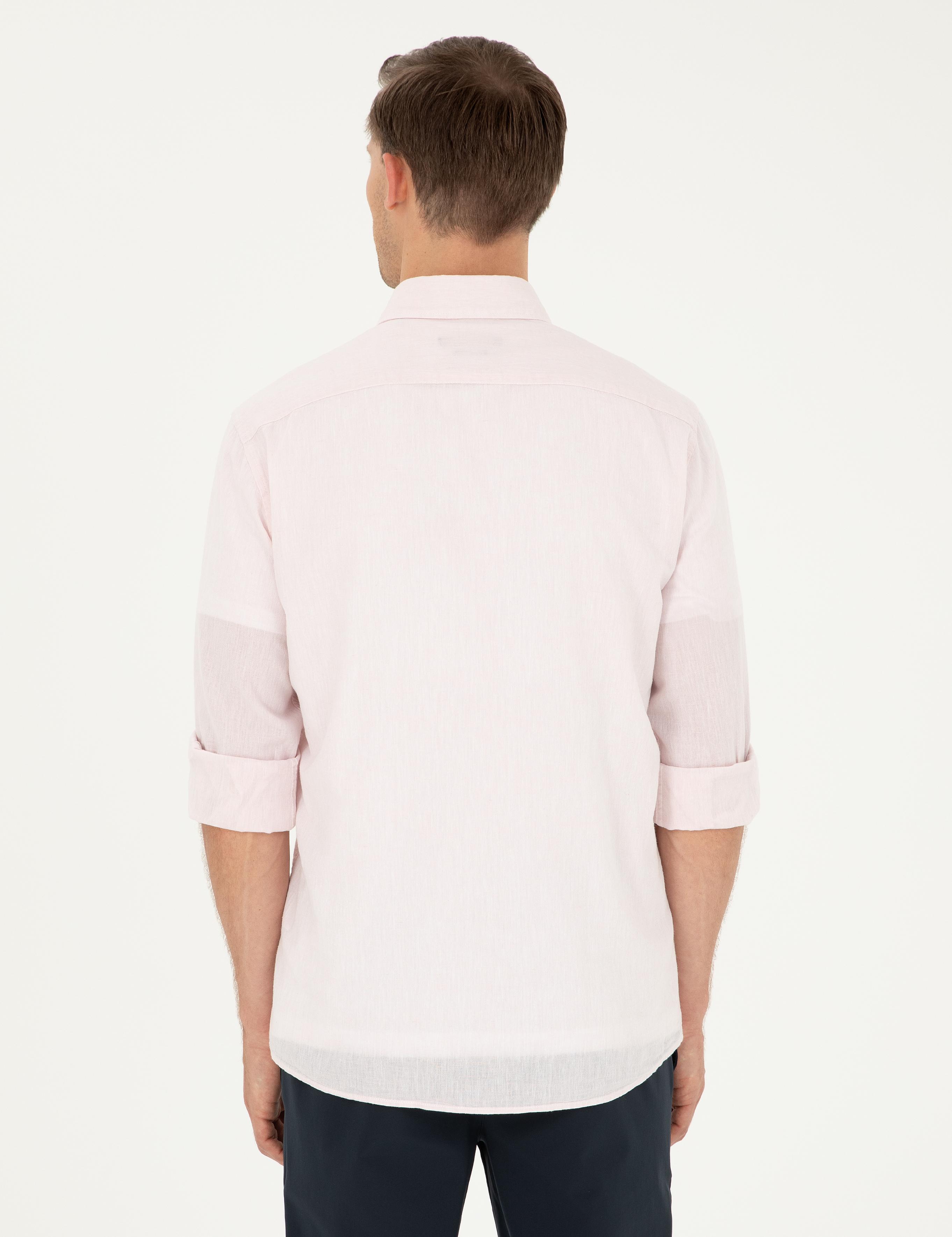 Pembe Slim Fit Keten Karışımlı Gömlek - 50266184477