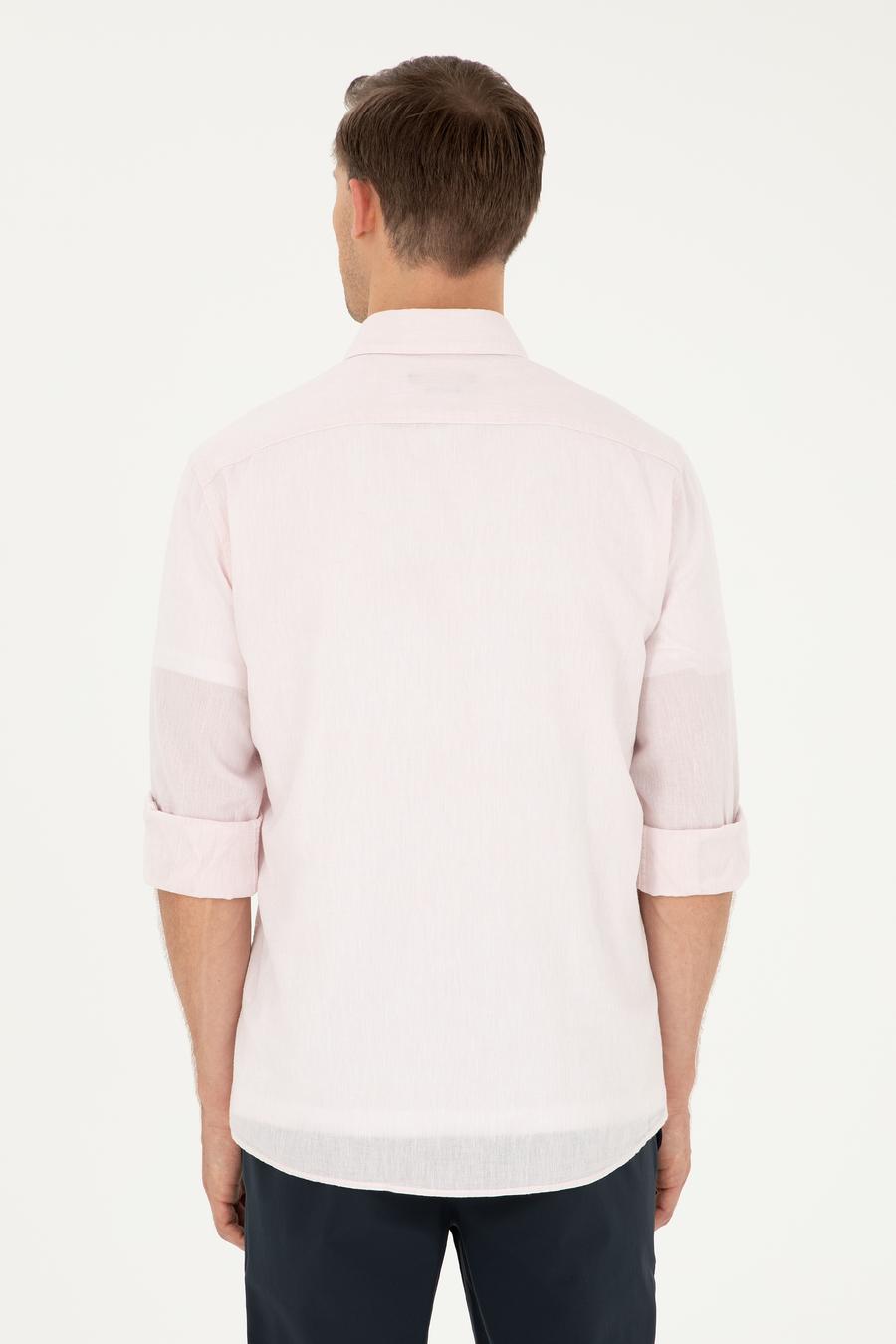 Pembe Slim Fit Keten Karışımlı Gömlek - 50266184477
