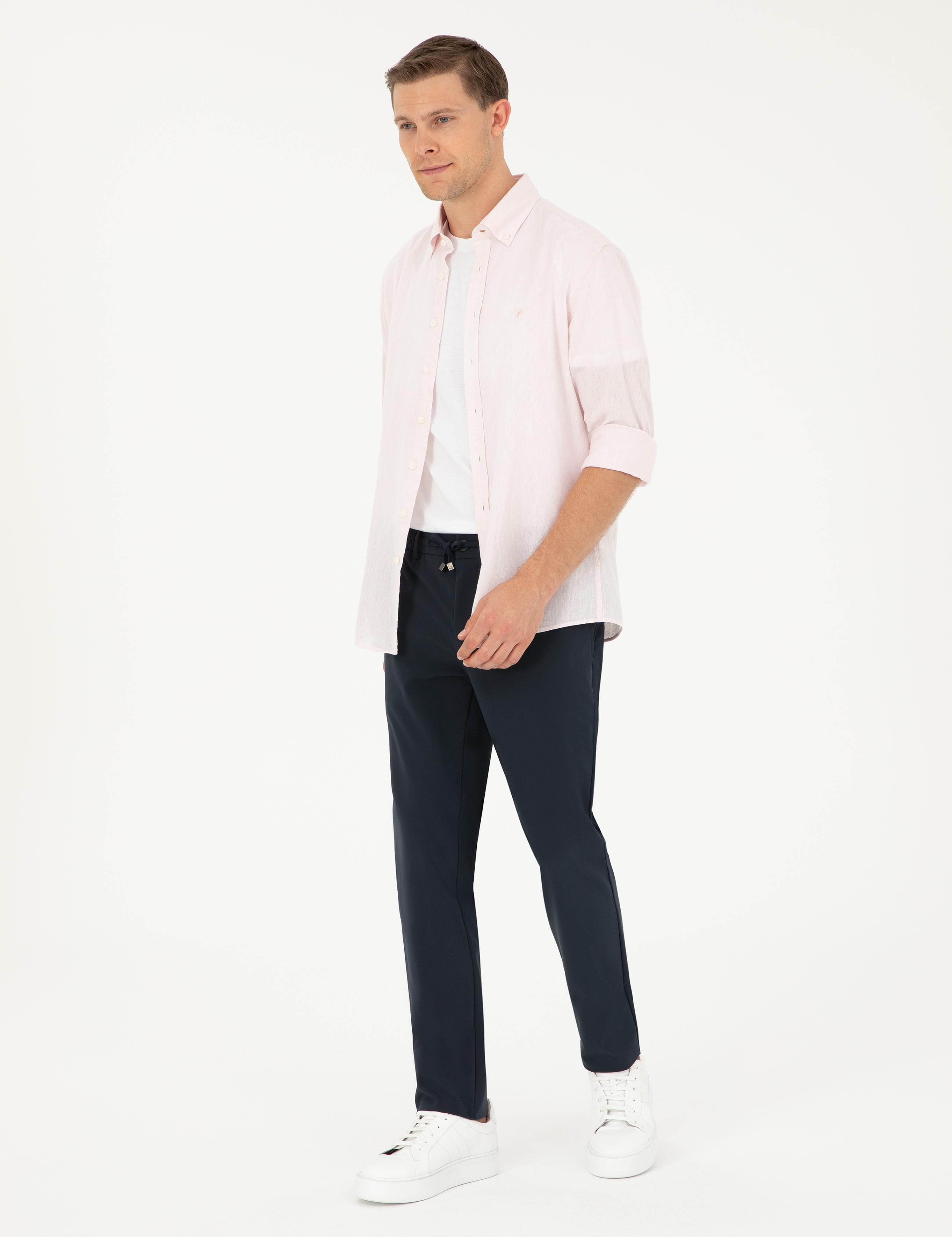 Pembe Slim Fit Keten Karışımlı Gömlek - 50266184477