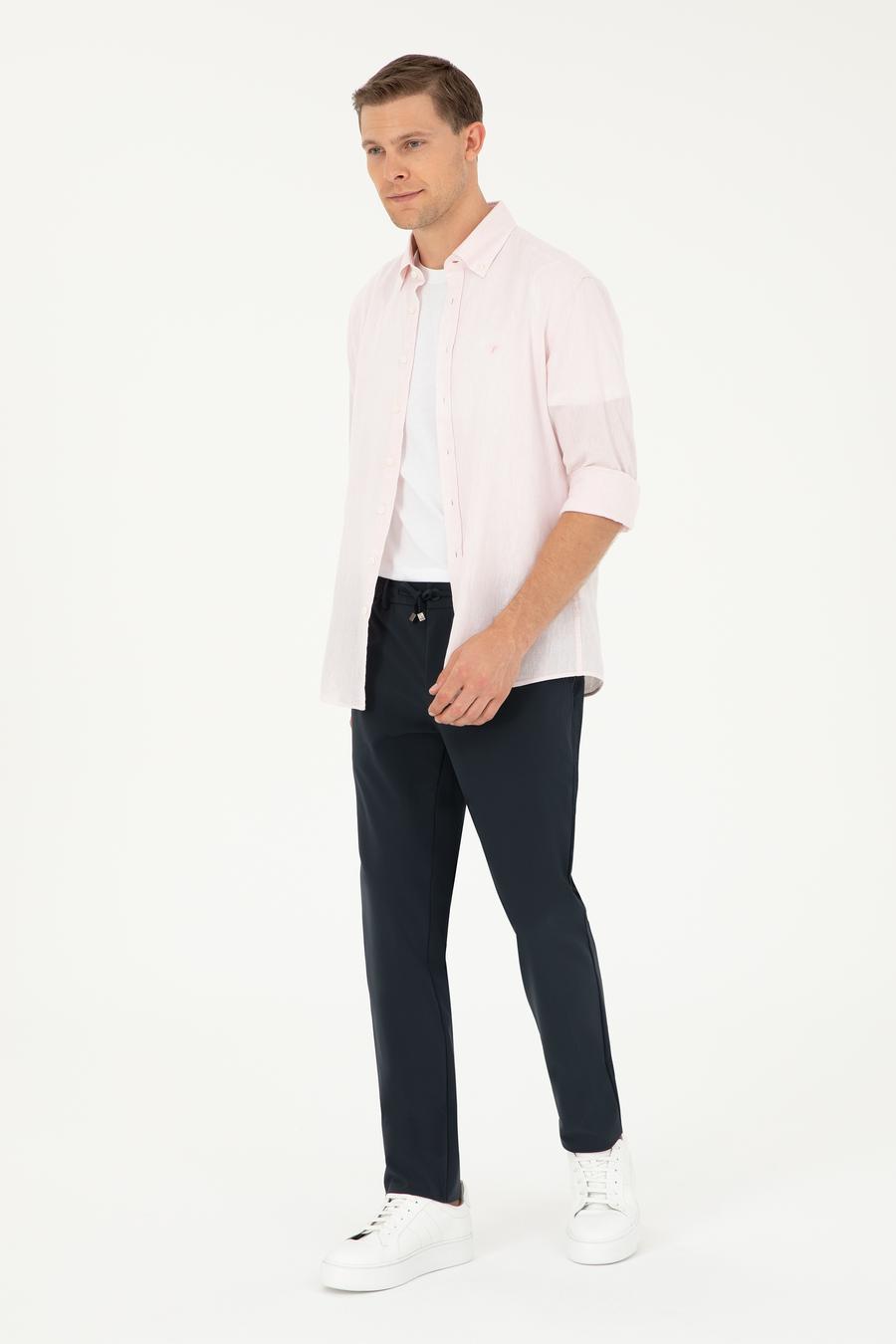 Pembe Slim Fit Keten Karışımlı Gömlek - 50266184477