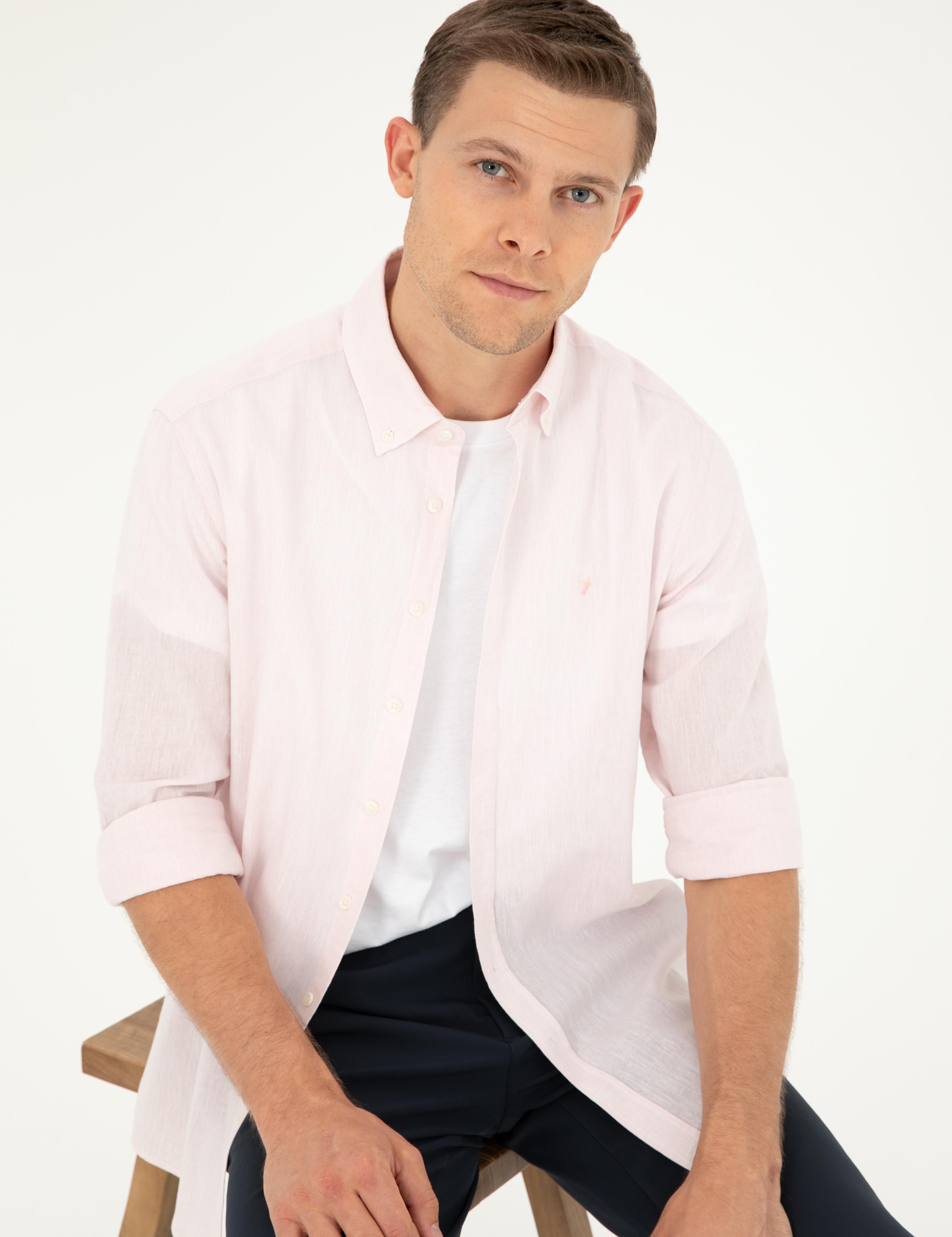 Pembe Slim Fit Keten Karışımlı Gömlek - 50266184477