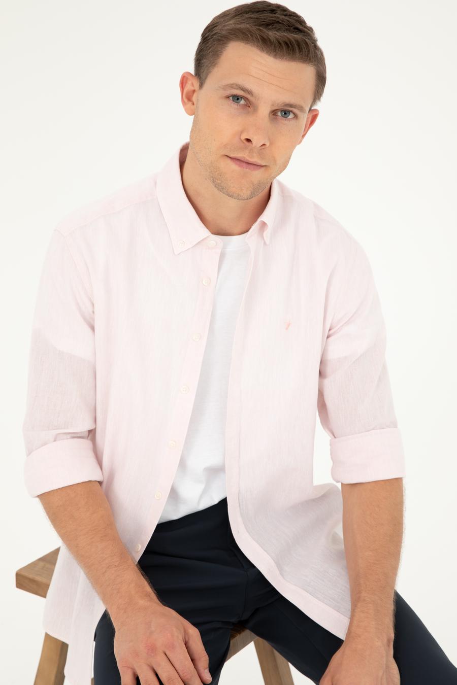 Pembe Slim Fit Keten Karışımlı Gömlek - 50266184477
