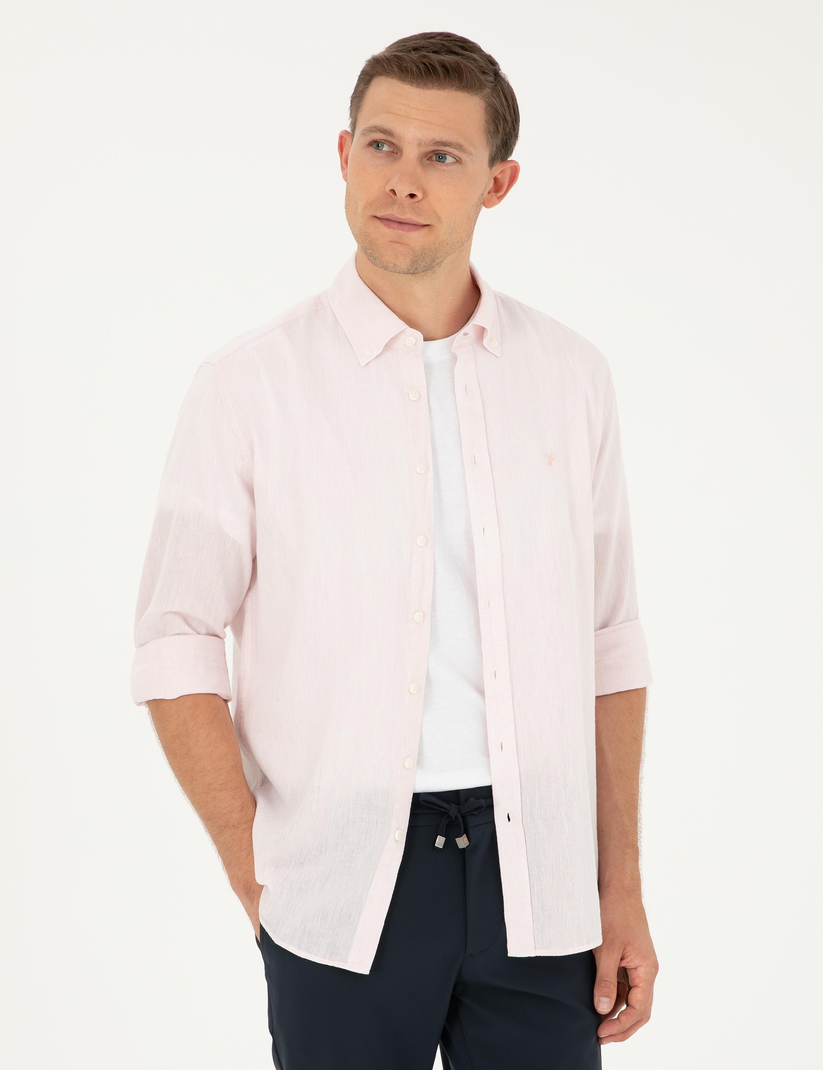 Pembe Slim Fit Keten Karışımlı Gömlek - 50266184477