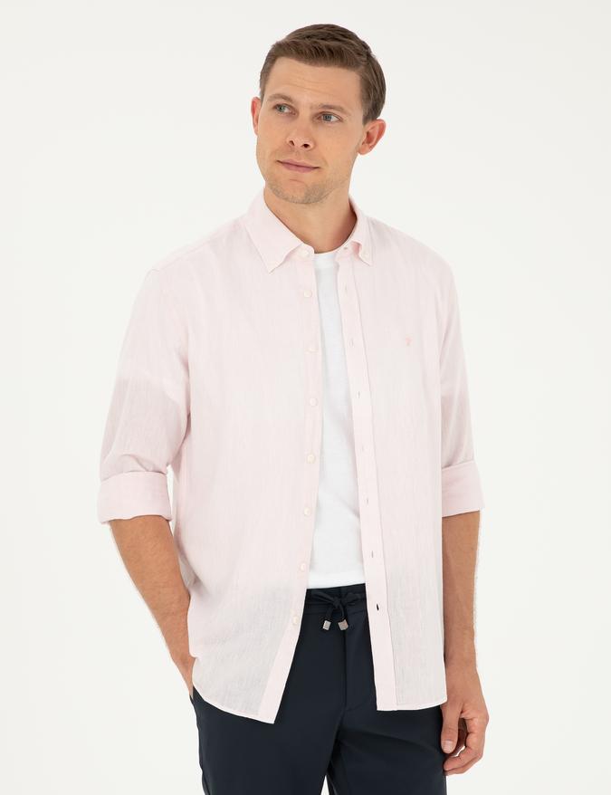 Pembe Slim Fit Keten Karışımlı Gömlek