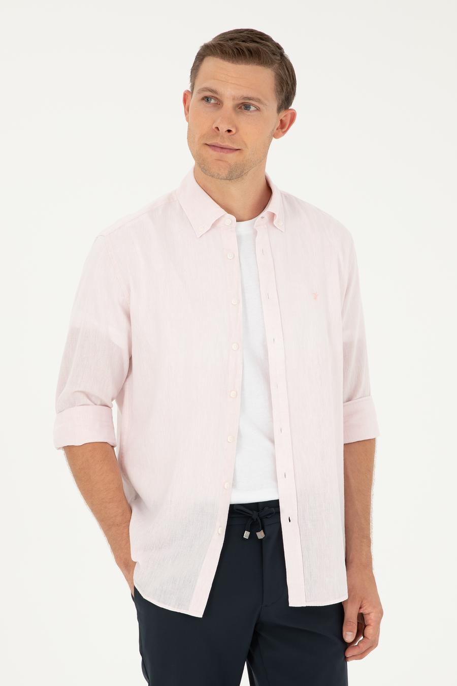 Pembe Slim Fit Keten Karışımlı Gömlek - 50266184477