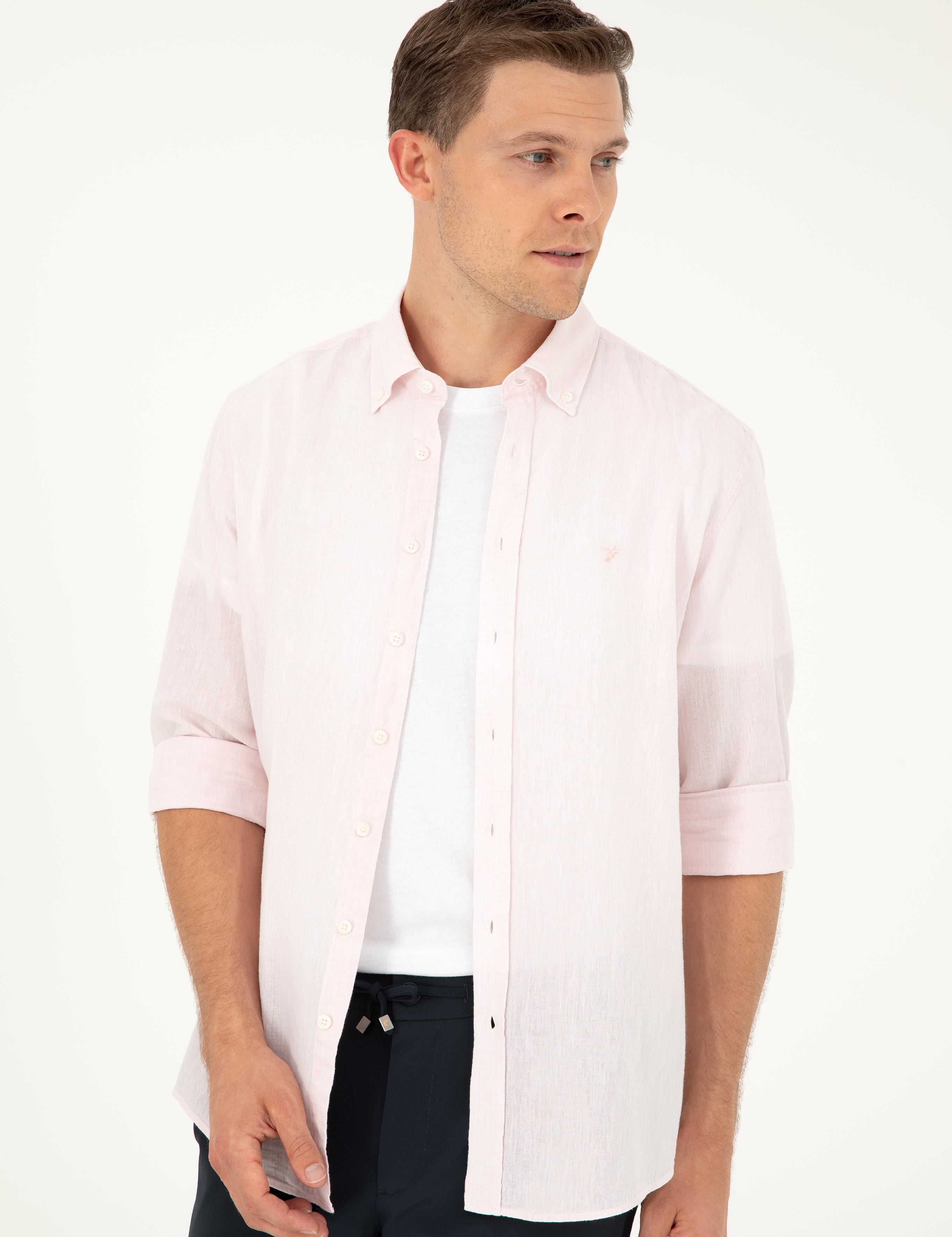 Pembe Slim Fit Keten Karışımlı Gömlek - 50266184477