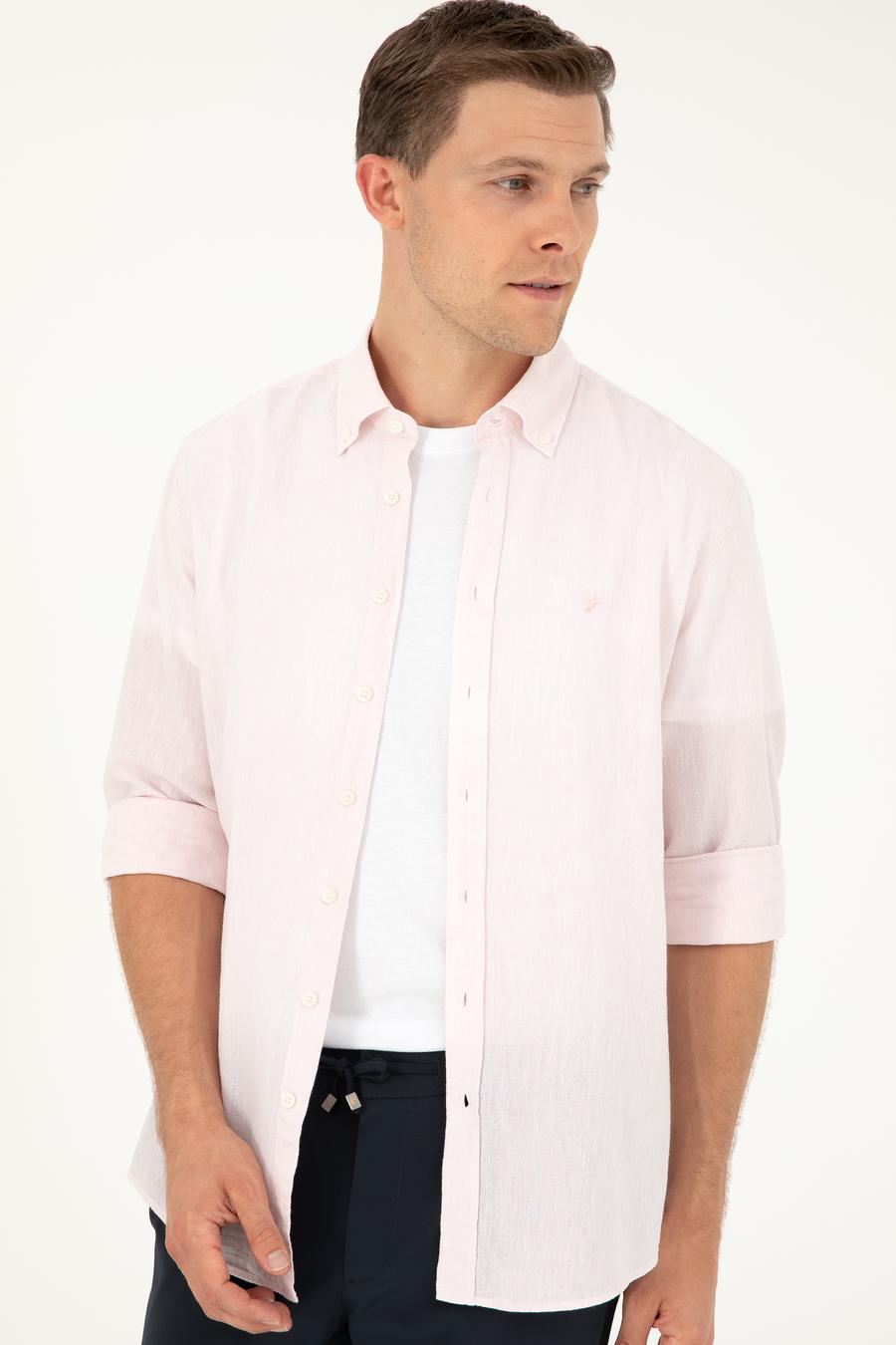 Pembe Slim Fit Keten Karışımlı Gömlek - 50266184477