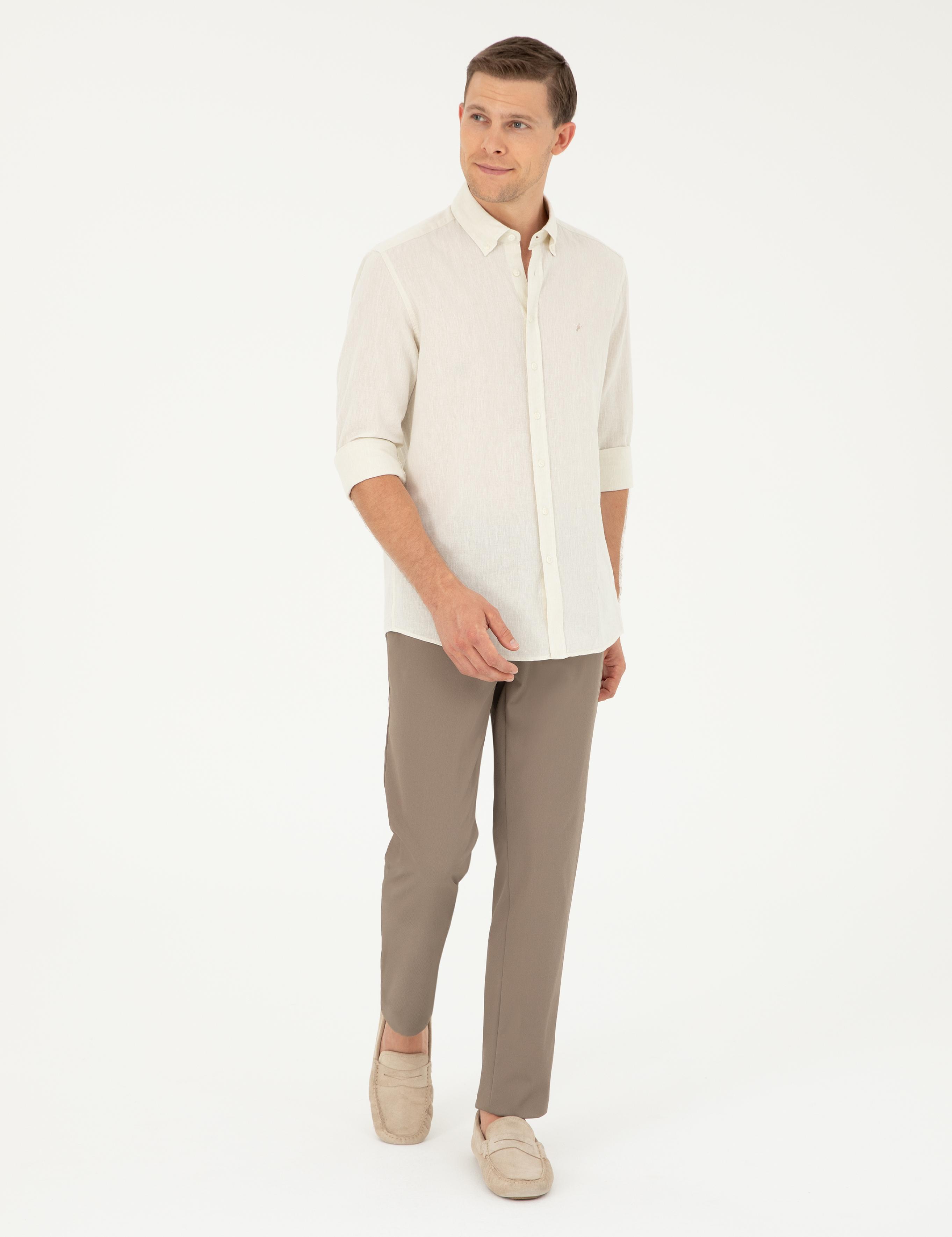 Bej Slim Fit Keten Karışımlı Gömlek - 50266184508