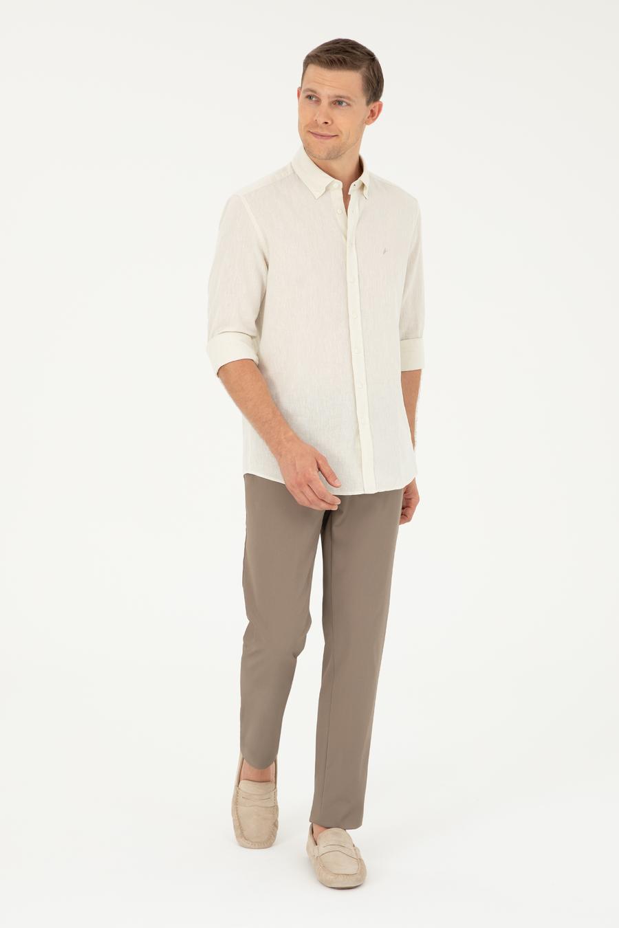 Bej Slim Fit Keten Karışımlı Gömlek - 50266184508