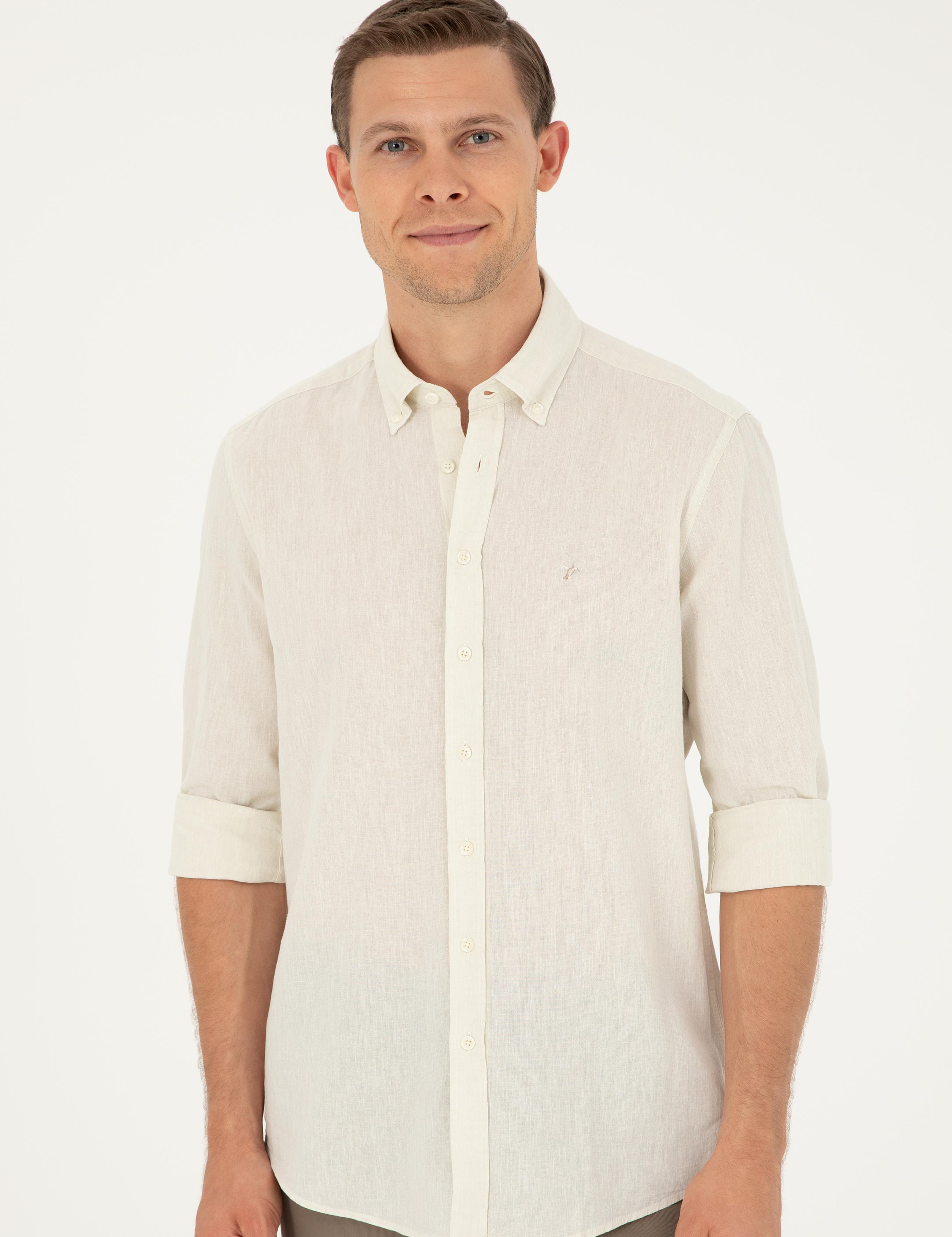 Bej Slim Fit Keten Karışımlı Gömlek - 50266184508