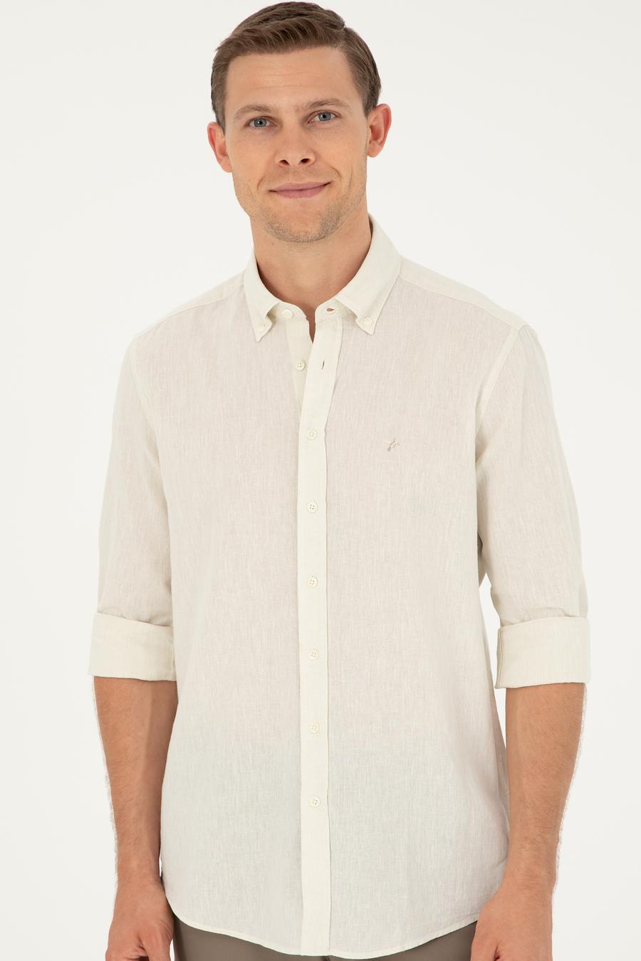 Bej Slim Fit Keten Karışımlı Gömlek - 50266184508