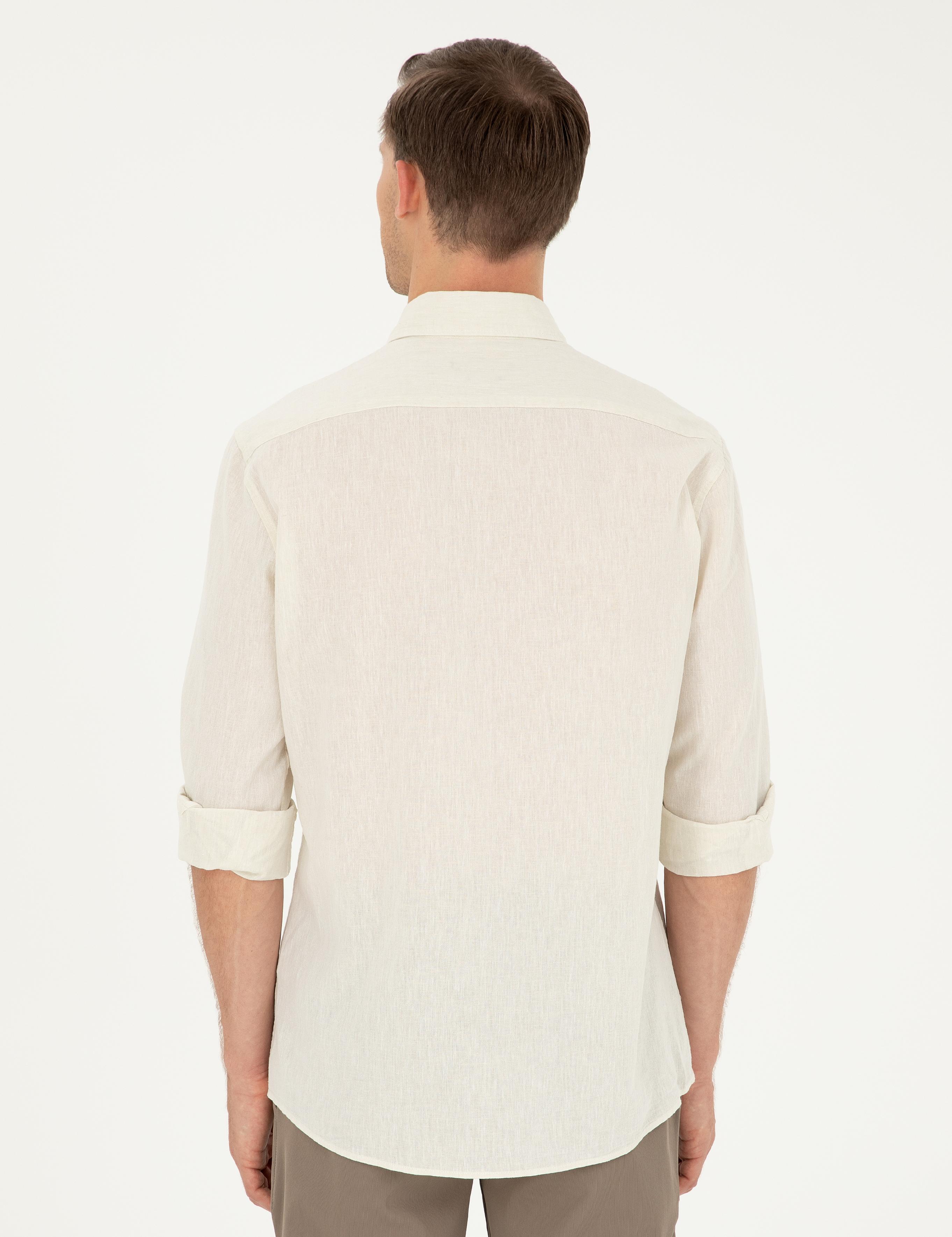 Bej Slim Fit Keten Karışımlı Gömlek - 50266184508