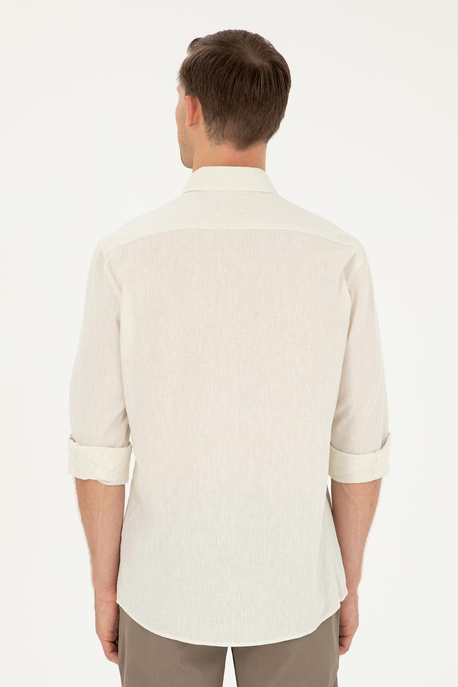 Bej Slim Fit Keten Karışımlı Gömlek - 50266184508