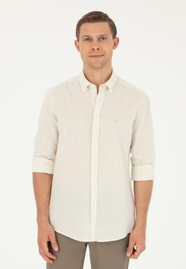 Bej Slim Fit Keten Karışımlı Gömlek