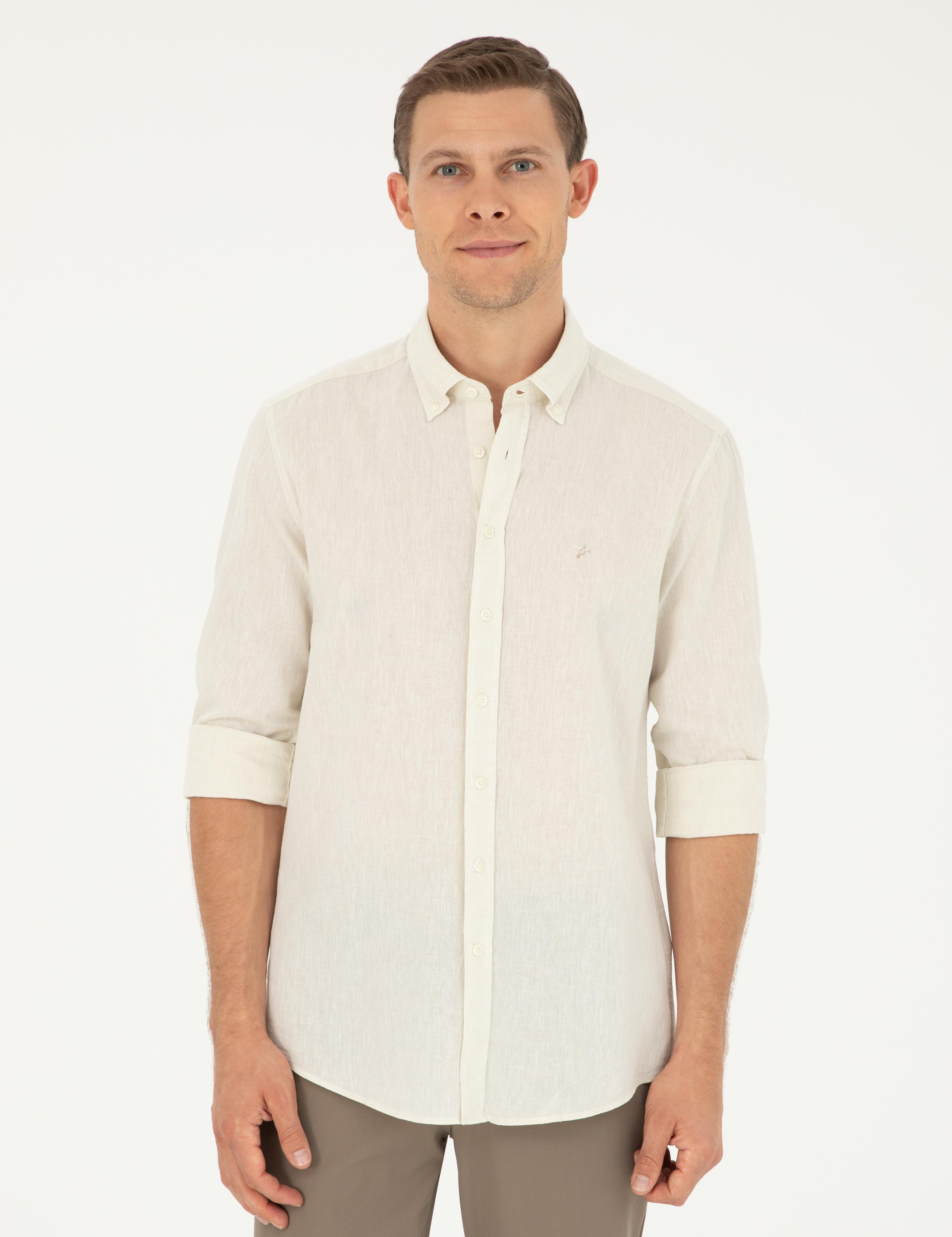 Bej Slim Fit Keten Karışımlı Gömlek - 50266184508