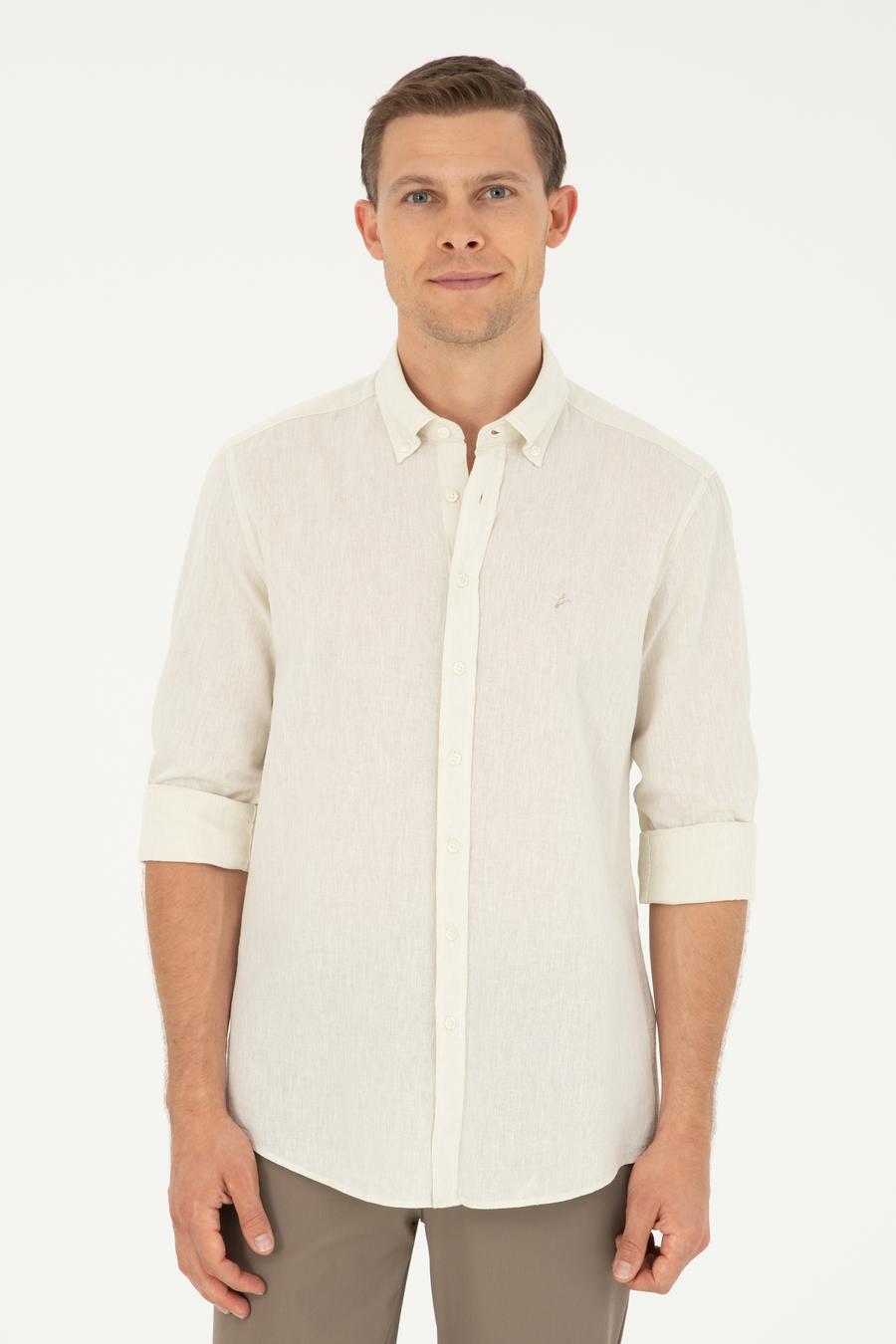Bej Slim Fit Keten Karışımlı Gömlek - 50266184508