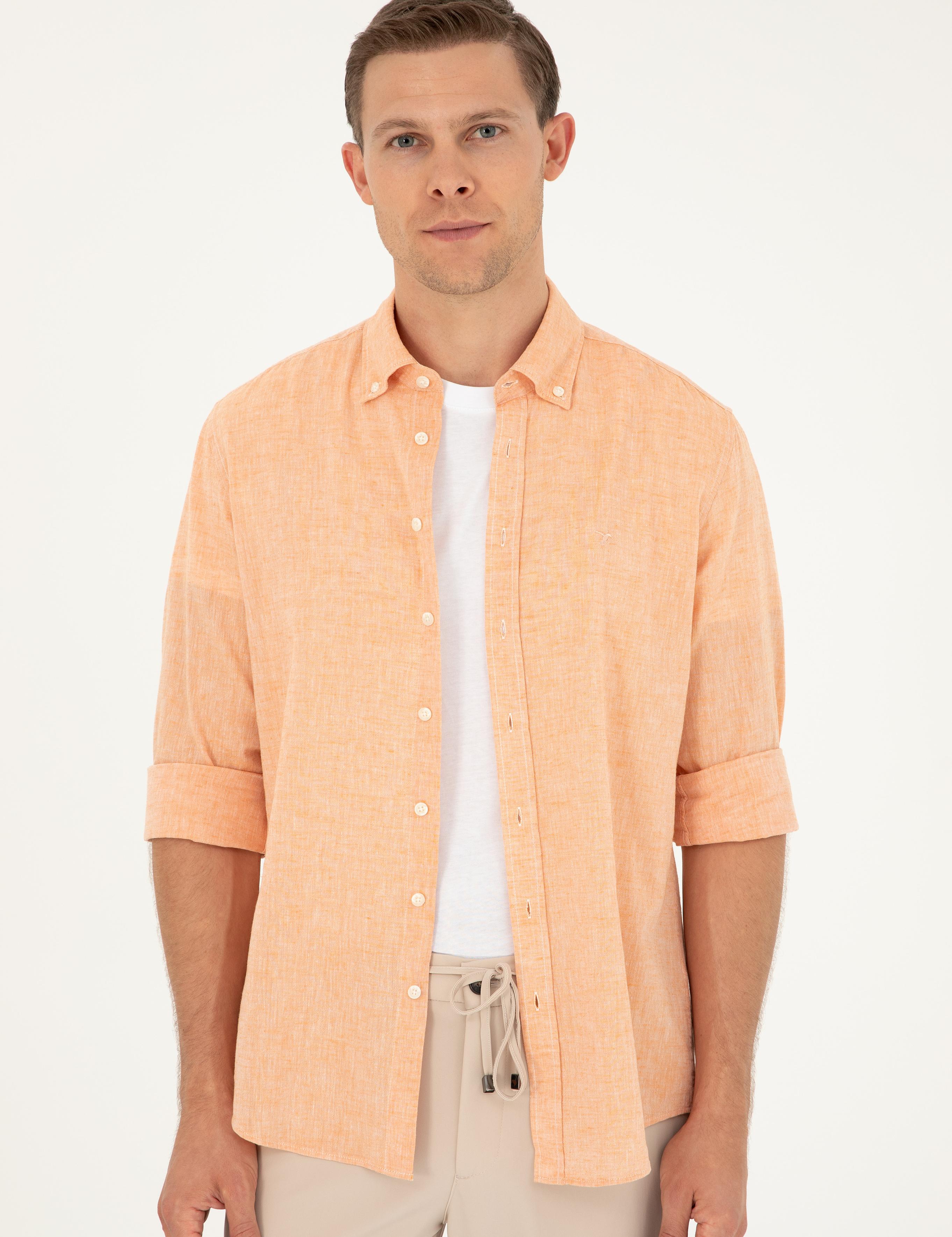 Turuncu Slim Fit Keten Karışımlı Gömlek - 50266184457