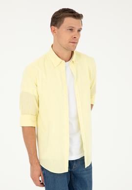 Sarı Slim Fit Keten Karışımlı Gömlek