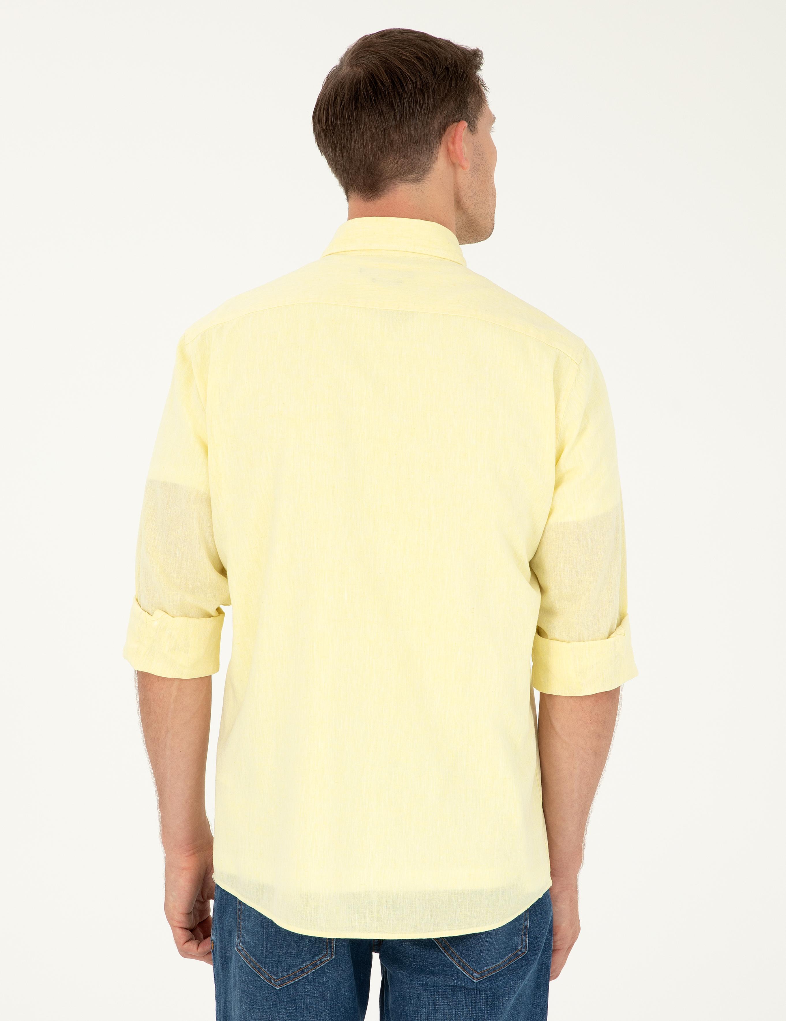Sarı Slim Fit Keten Karışımlı Gömlek - 50266184431