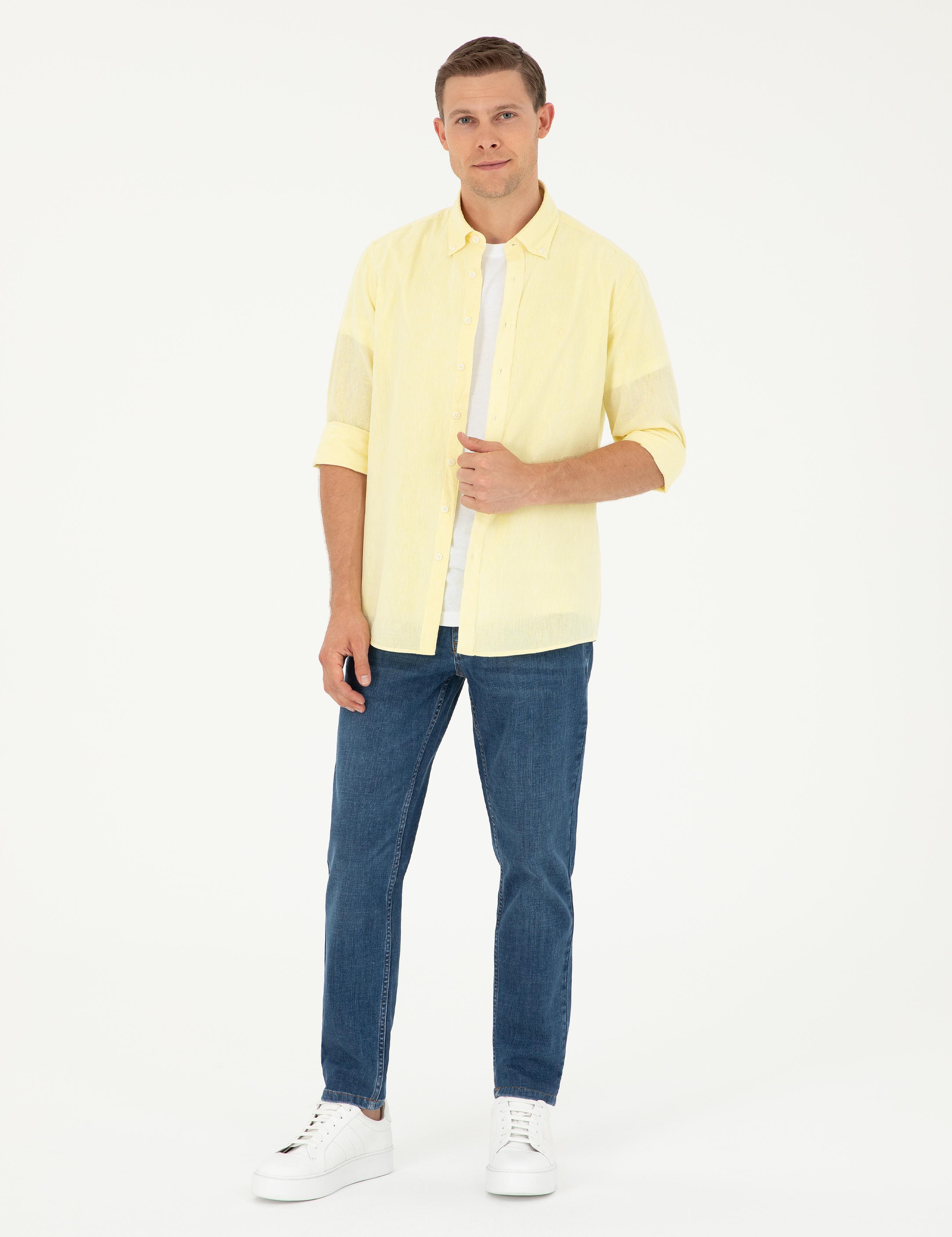 Sarı Slim Fit Keten Karışımlı Gömlek - 50266184431