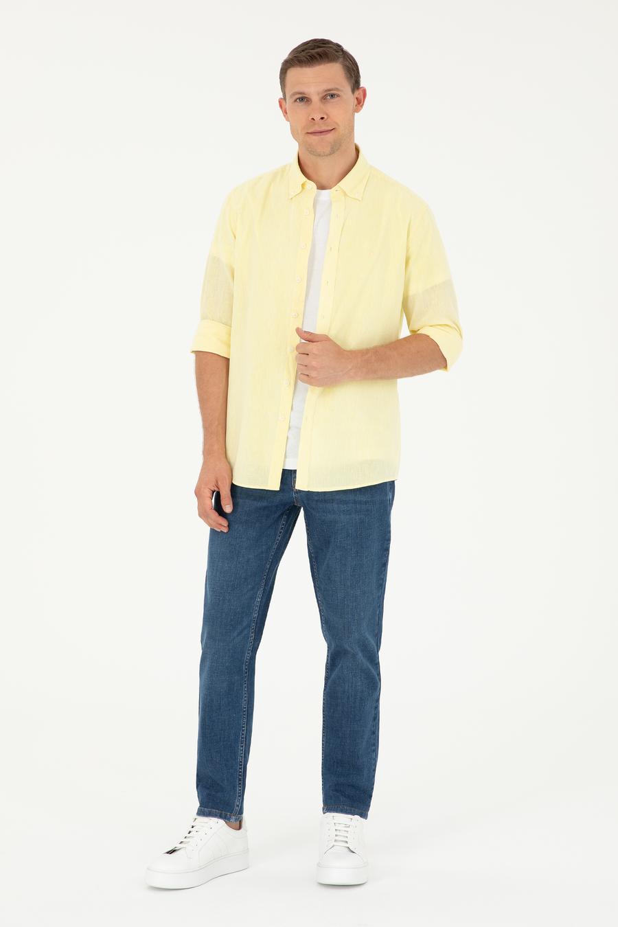 Sarı Slim Fit Keten Karışımlı Gömlek - 50266184431