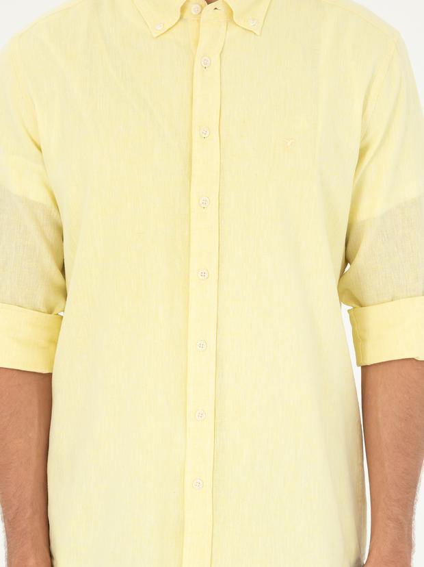 Sarı Slim Fit Keten Karışımlı Gömlek