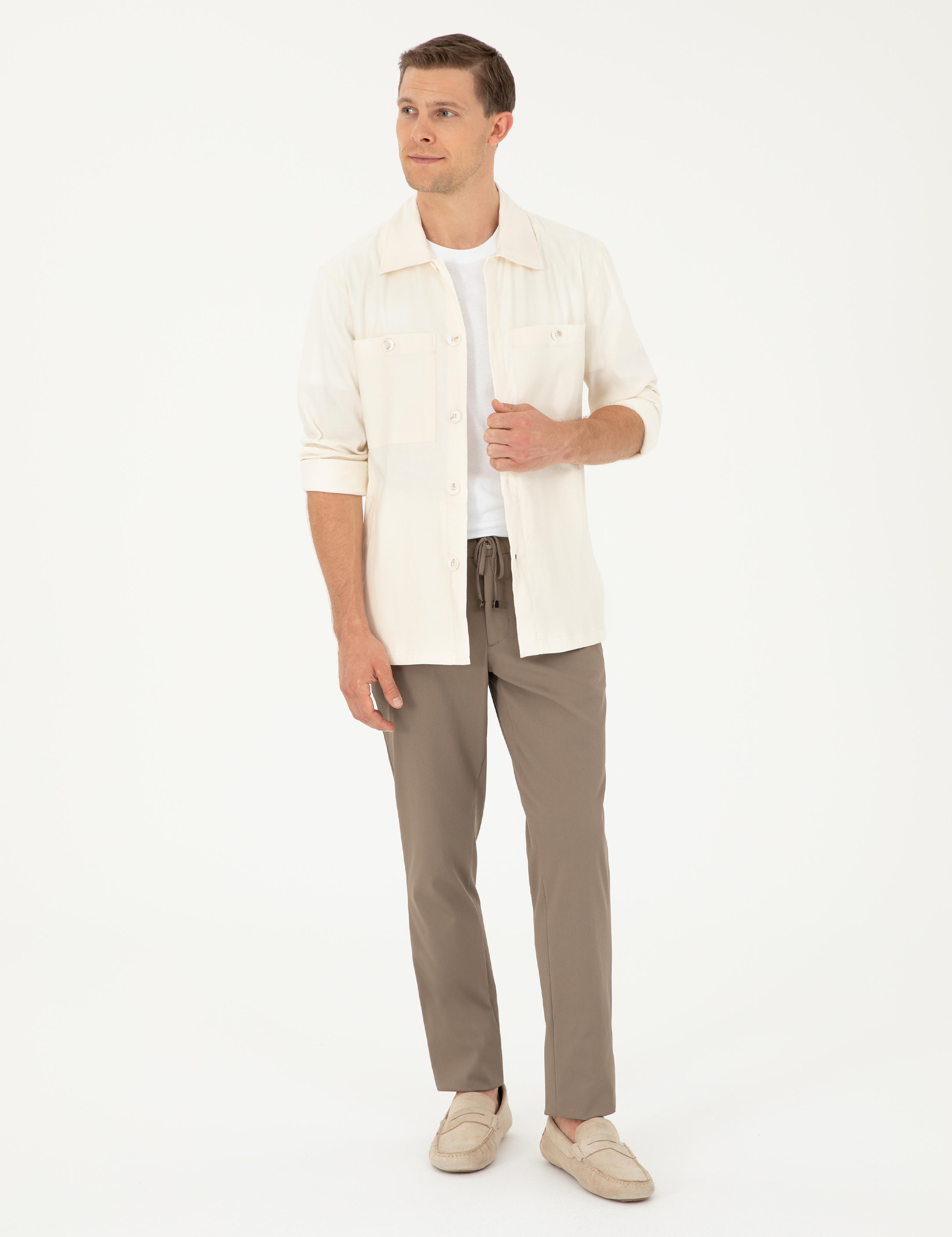 Ekru Regular Fit Keten Karışımlı Cepli Ceket Gömlek - 50285343024