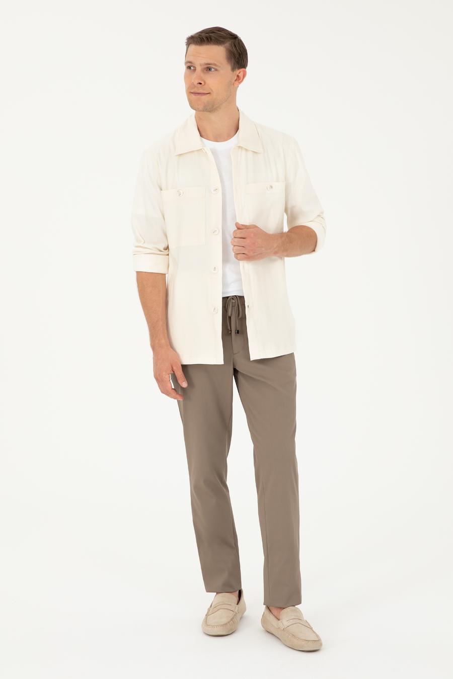 Ekru Regular Fit Keten Karışımlı Cepli Ceket Gömlek - 50285343024