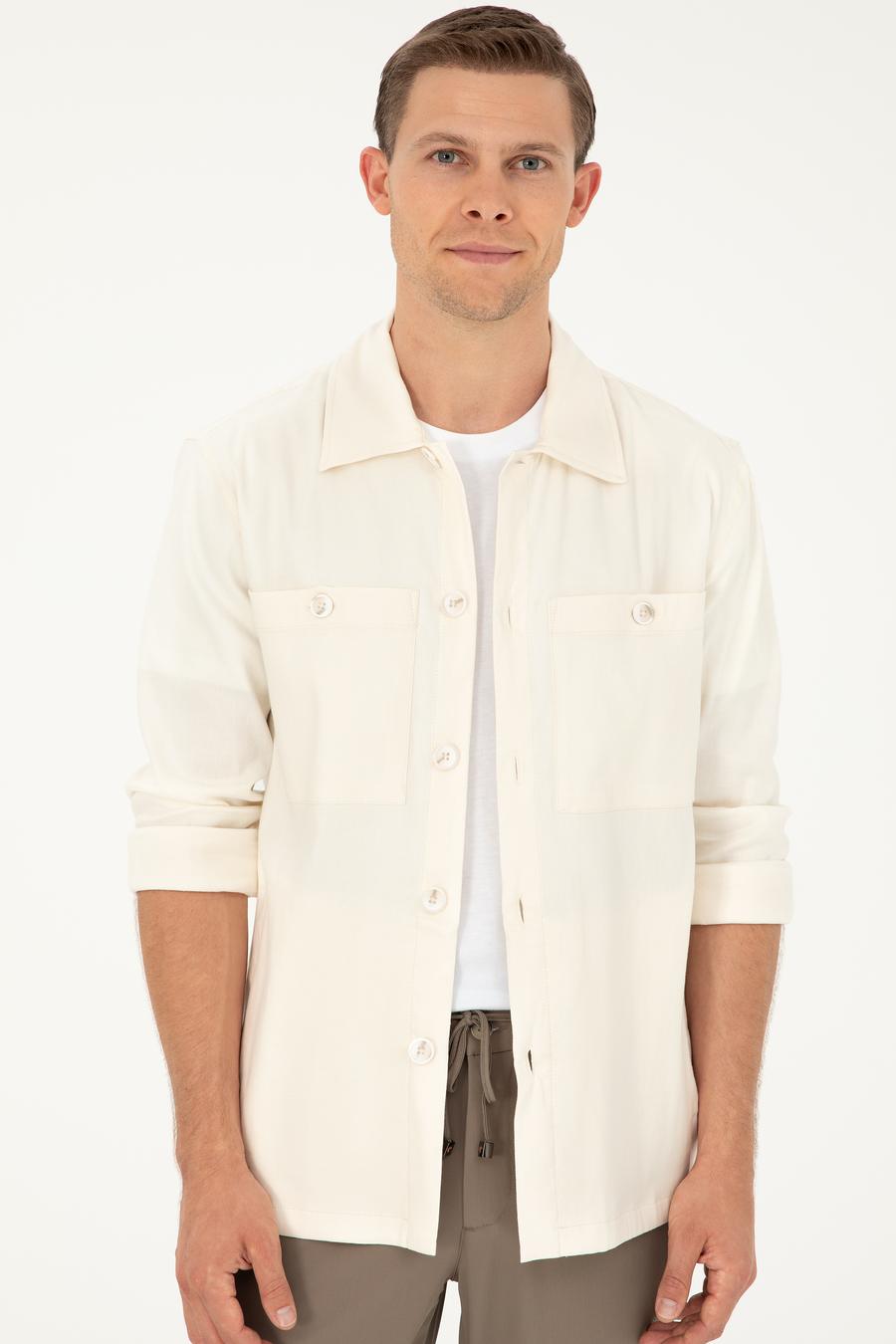 Ekru Regular Fit Keten Karışımlı Cepli Ceket Gömlek - 50285343024
