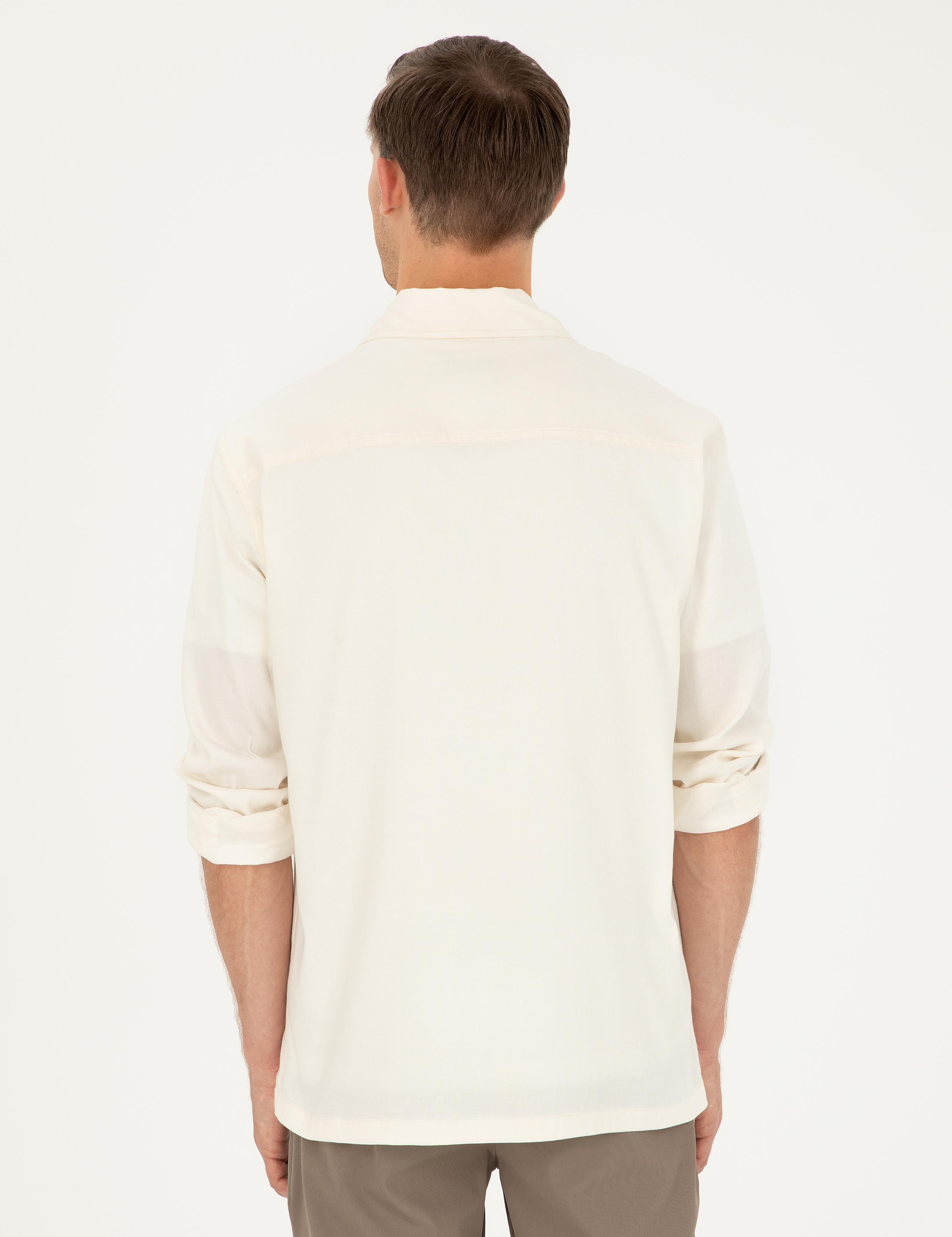Ekru Regular Fit Keten Karışımlı Cepli Ceket Gömlek - 50285343024