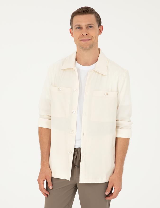 Ekru Regular Fit Keten Karışımlı Cepli Ceket Gömlek