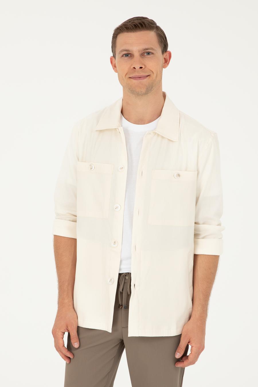 Ekru Regular Fit Keten Karışımlı Cepli Ceket Gömlek - 50285343024