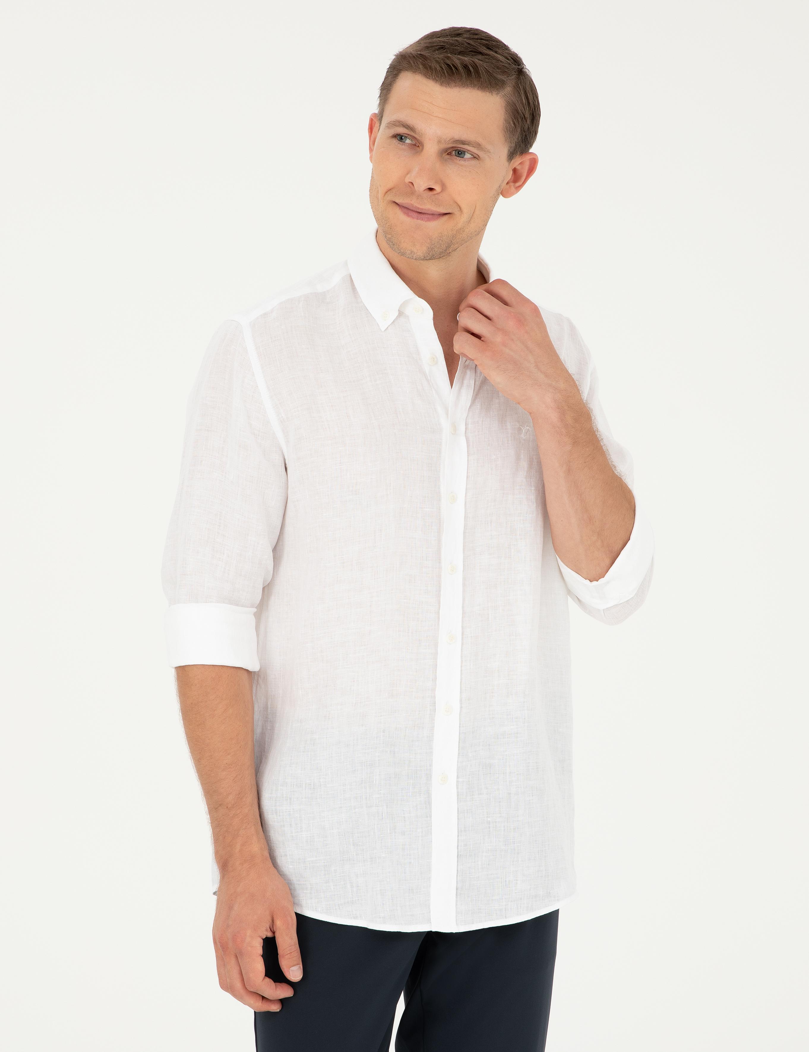Beyaz Regular Fit %100 Keten Gömlek - 50284823196