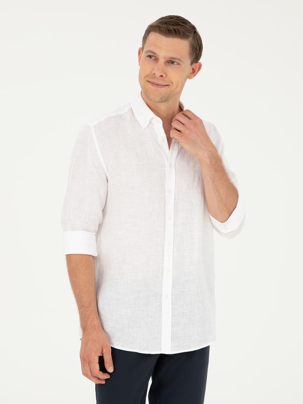 Beyaz Regular Fit %100 Keten Gömlek