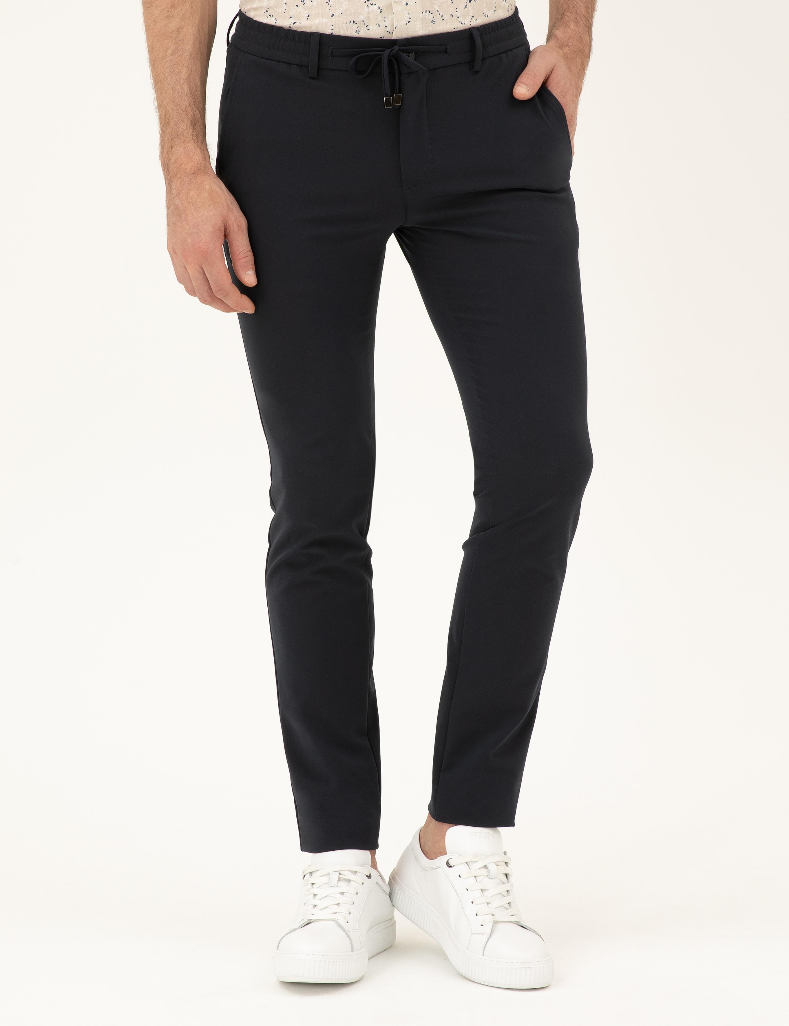 Lacivert Slim Fit Beli Bağcıklı Pantolon - 50293848002