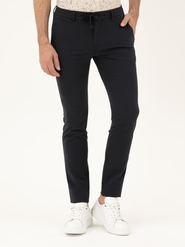Lacivert Slim Fit Beli Bağcıklı Pantolon