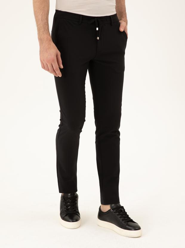 Siyah Slim Fit Beli Bağcıklı Pantolon