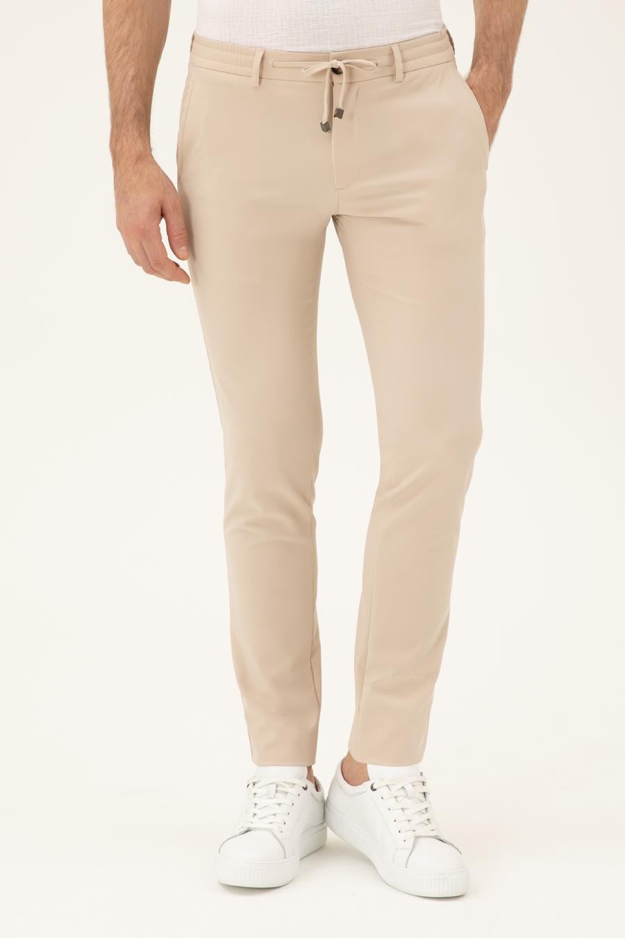 Bej Slim Fit Beli Bağcıklı Pantolon - 50293848028