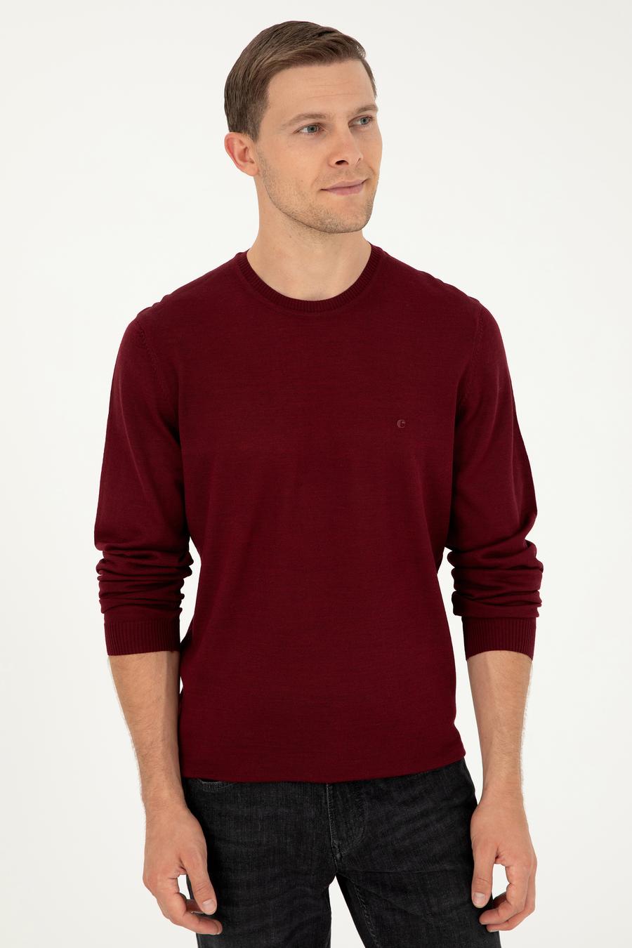 Bordo Slim Fit Yün Karışımlı Bisiklet Yaka Basic Triko Kazak - 50270174233