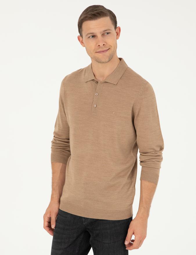 Camel Slim Fit Yün Karışımlı Polo Yaka Basic Triko Kazak