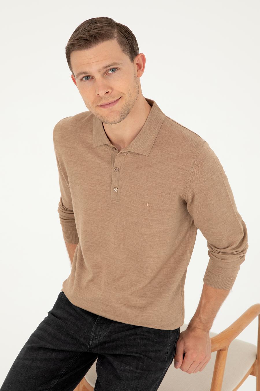 Camel Slim Fit Yün Karışımlı Polo Yaka Basic Triko Kazak - 50270169013